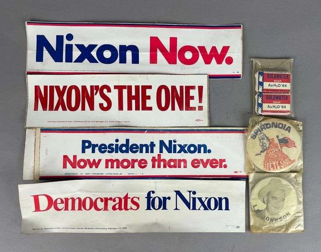 Group of Vintage Nixon Political Bumper Stickers and More