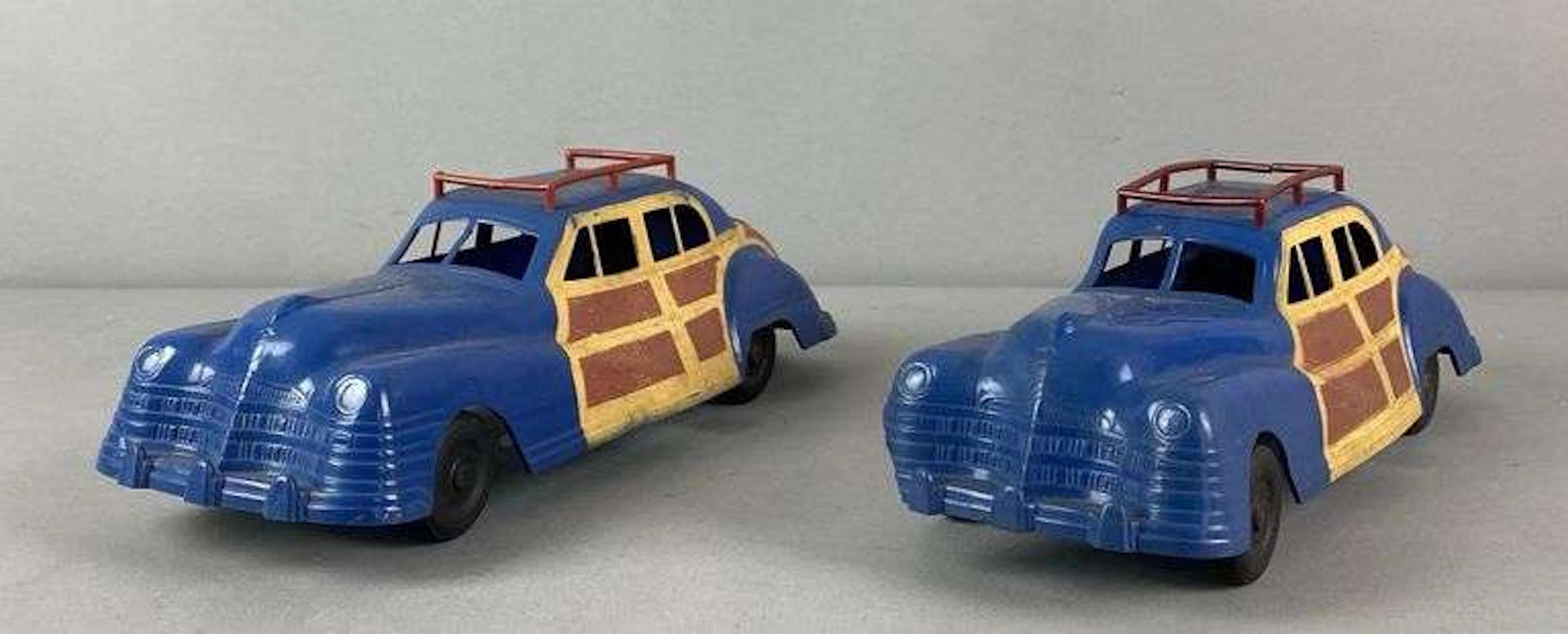 Group of 2 Vintage Irwin Wind Up 1947 Chrysler Woody Toy Car