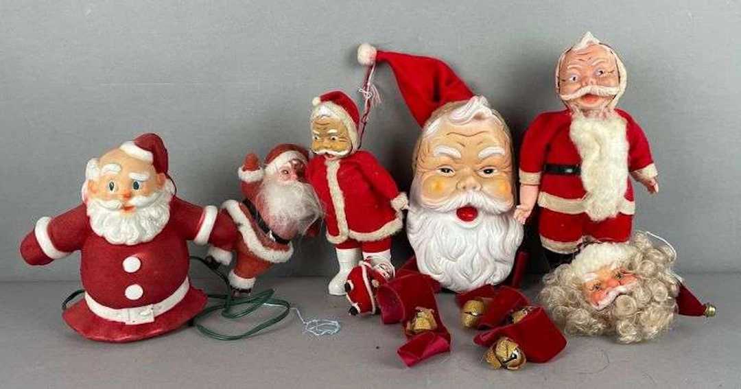 Group of Vintage Flocked Plastic Santa Claus Figurines