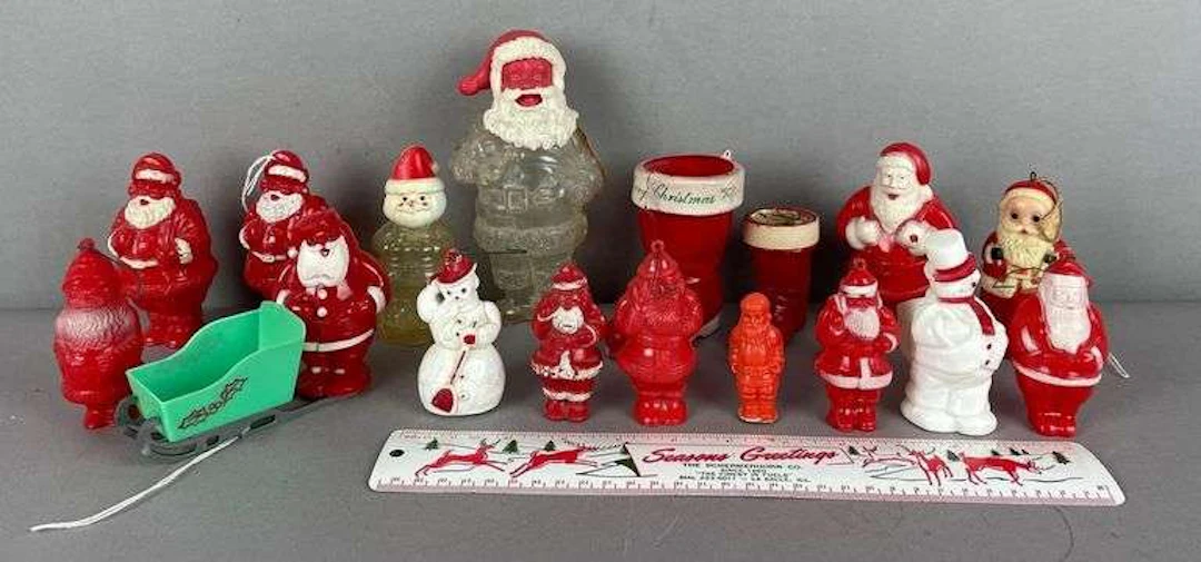 Group of Vintage Plastic Christmas Figurine Ornaments and More