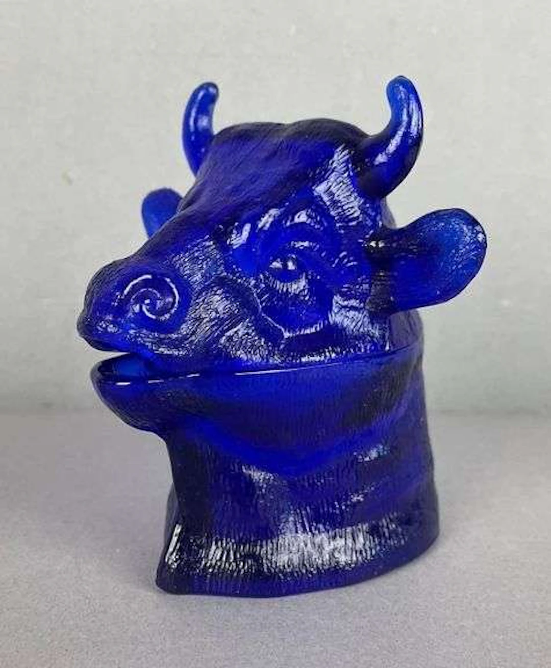 Cobalt Blue Glass Bull Head Mustard Jar