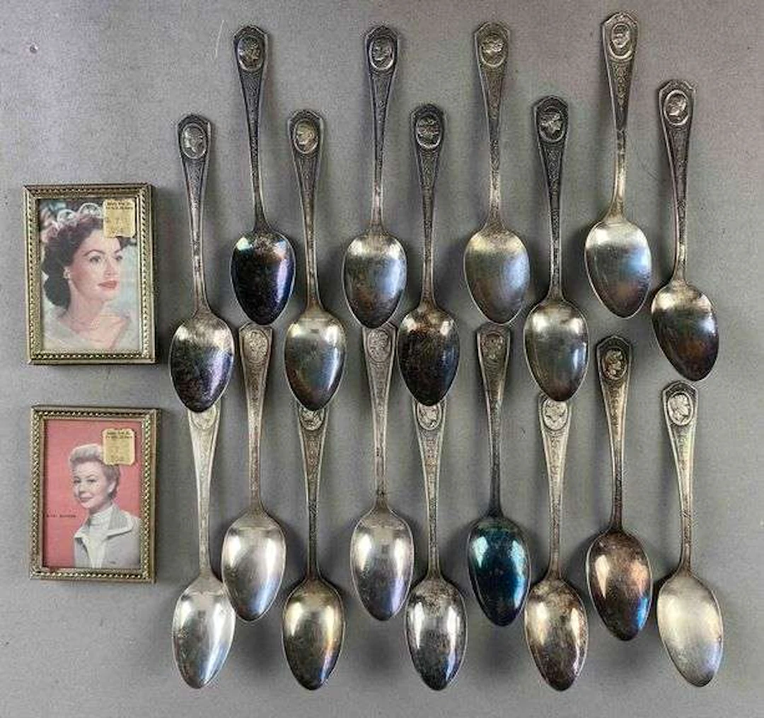 Group of Silver Plate Spoons and Miniature Portraits