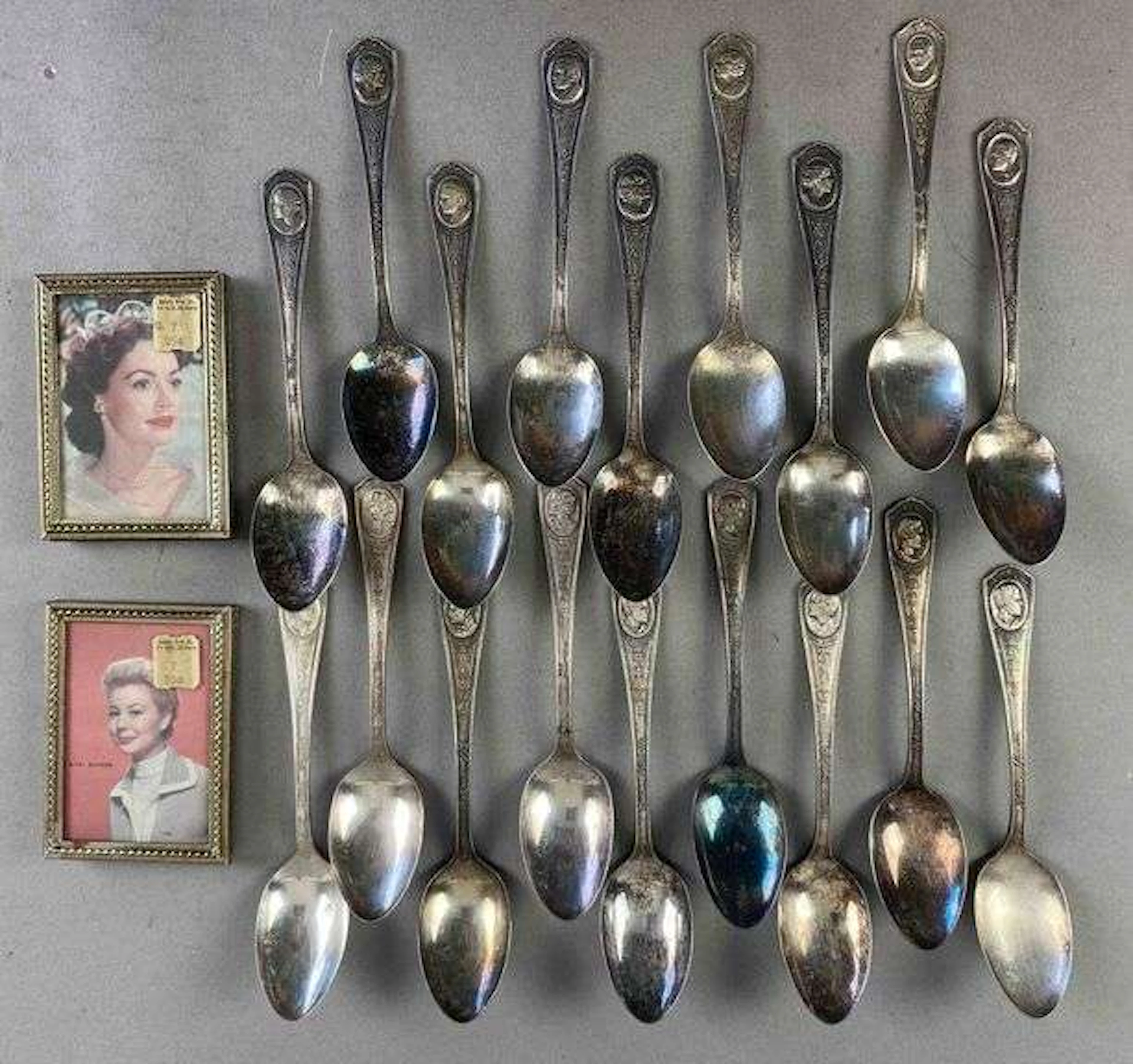 Group of Silver Plate Spoons and Miniature Portraits