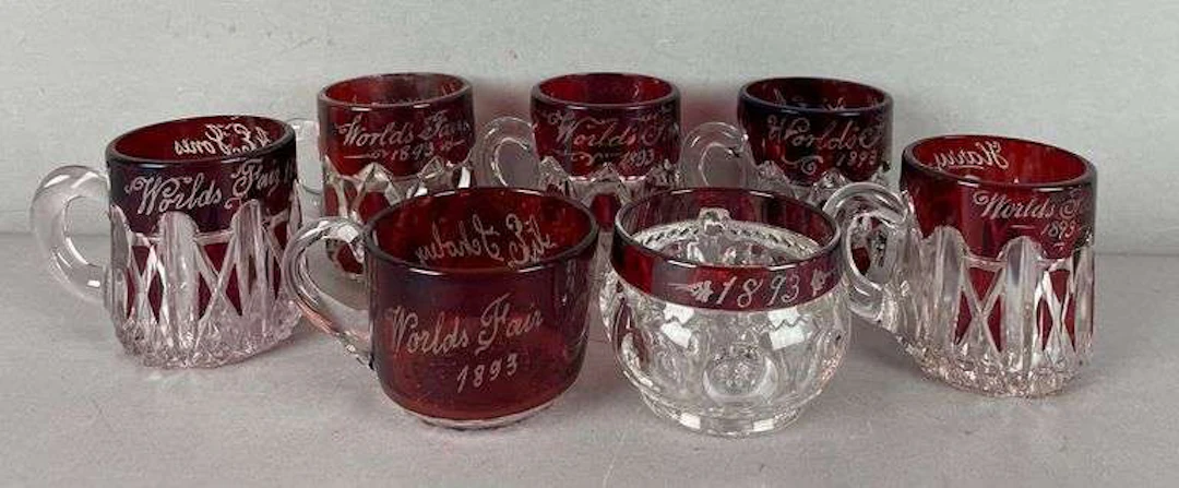 Group of 1893 Chicago Worlds Fair Souvenir Ruby Flash Glass Mugs