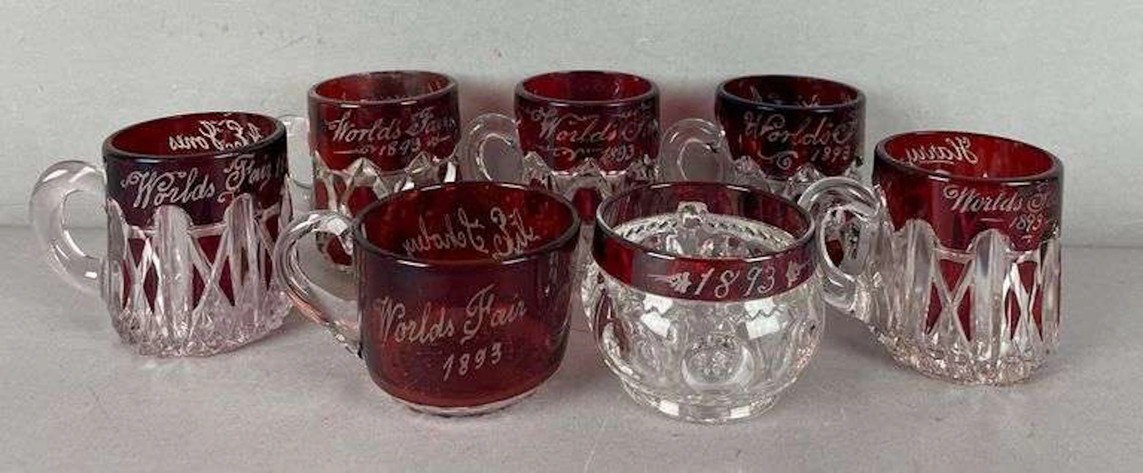 Group of 1893 Chicago Worlds Fair Souvenir Ruby Flash Glass Mugs