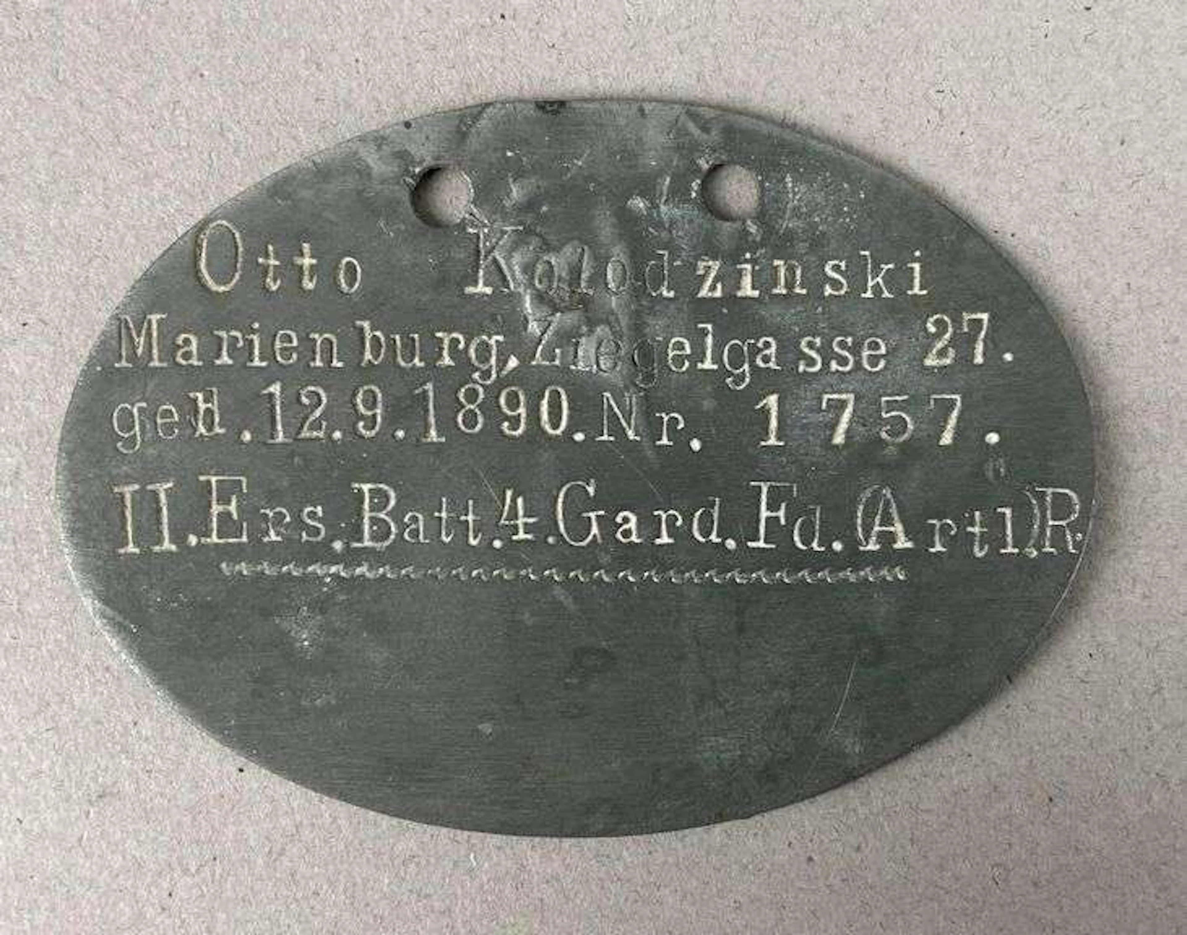 WW1 German Garde Field Artillery Dog Tag