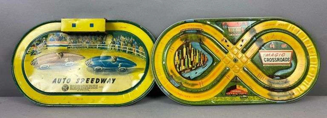 Group of 2 Antique 1930’s Automatic Toy Company Tin Litho Mechanical Speedways