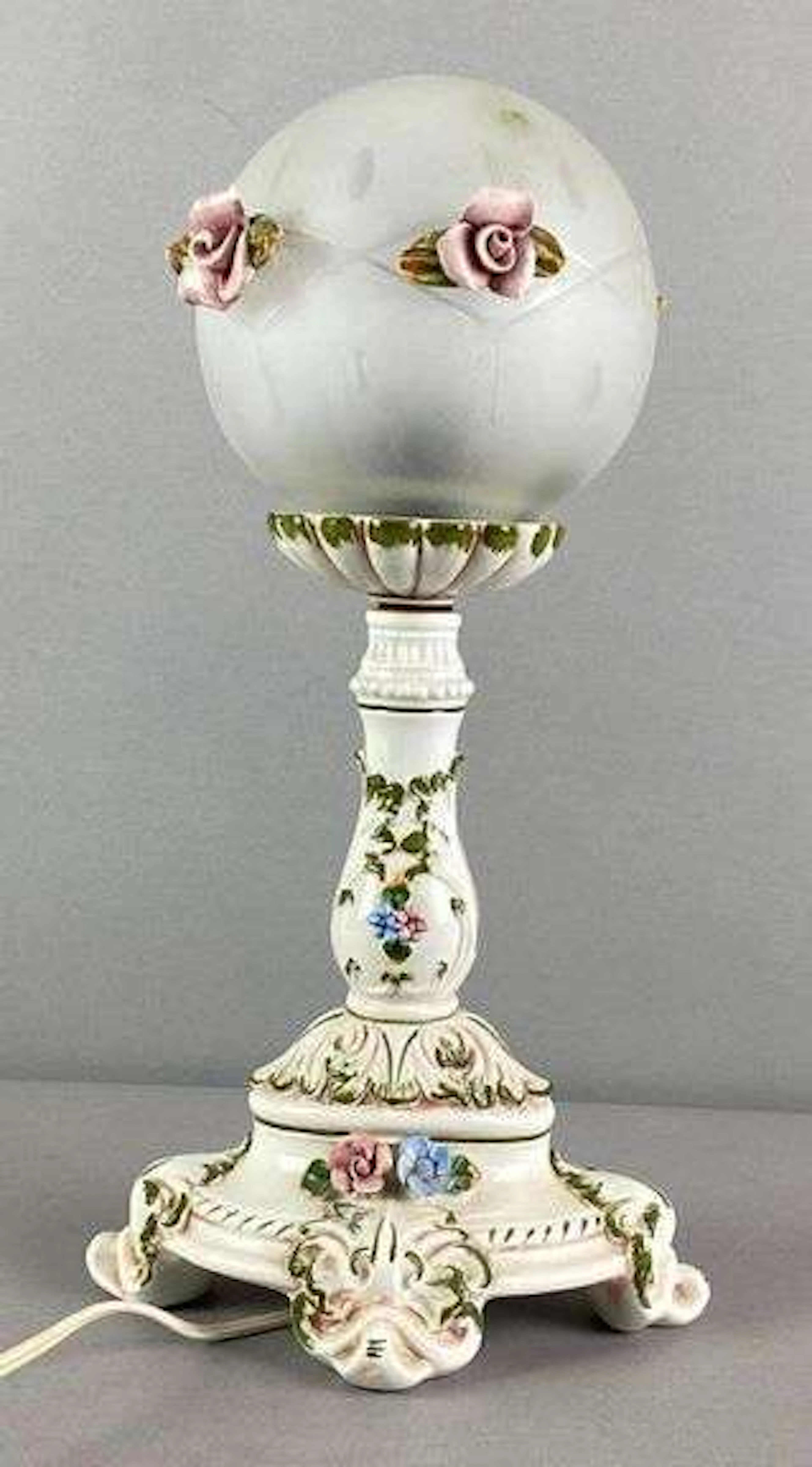 Vintage Capodimonte Italian Floral Porcelain Table Lamp with Frosted