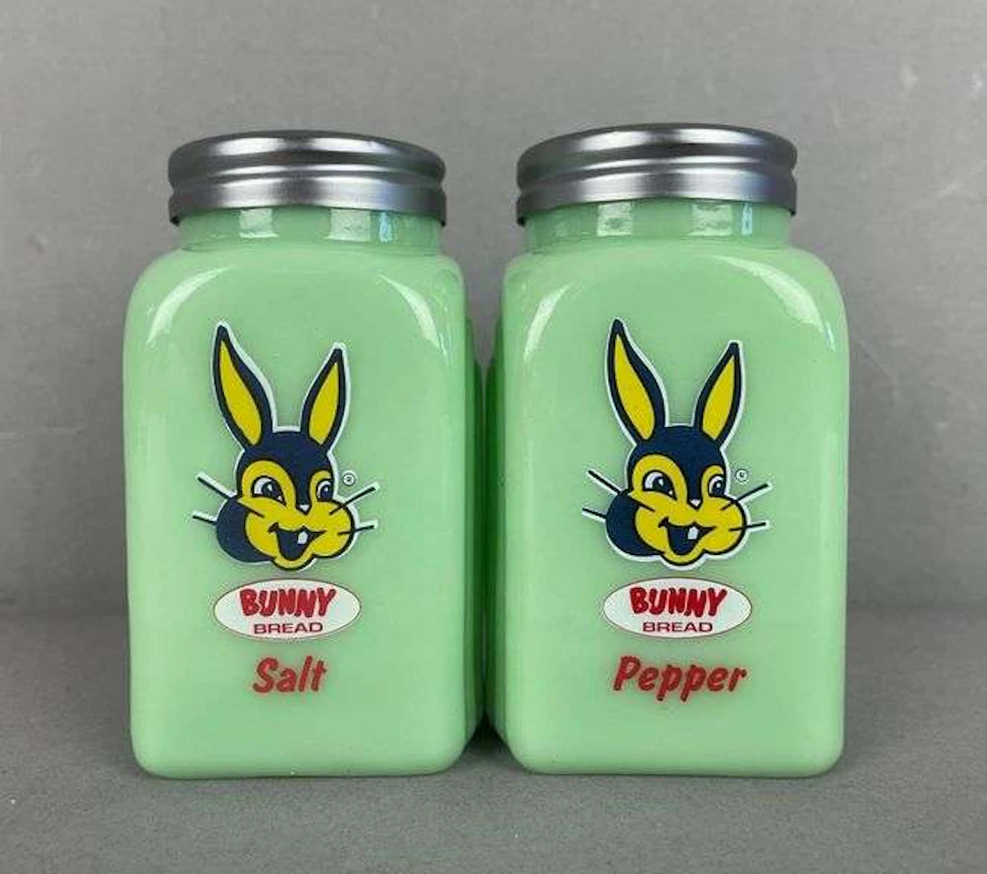 Vintage Bunny Bread Jadeite Glass Advertising Salt and Pepper Shakers