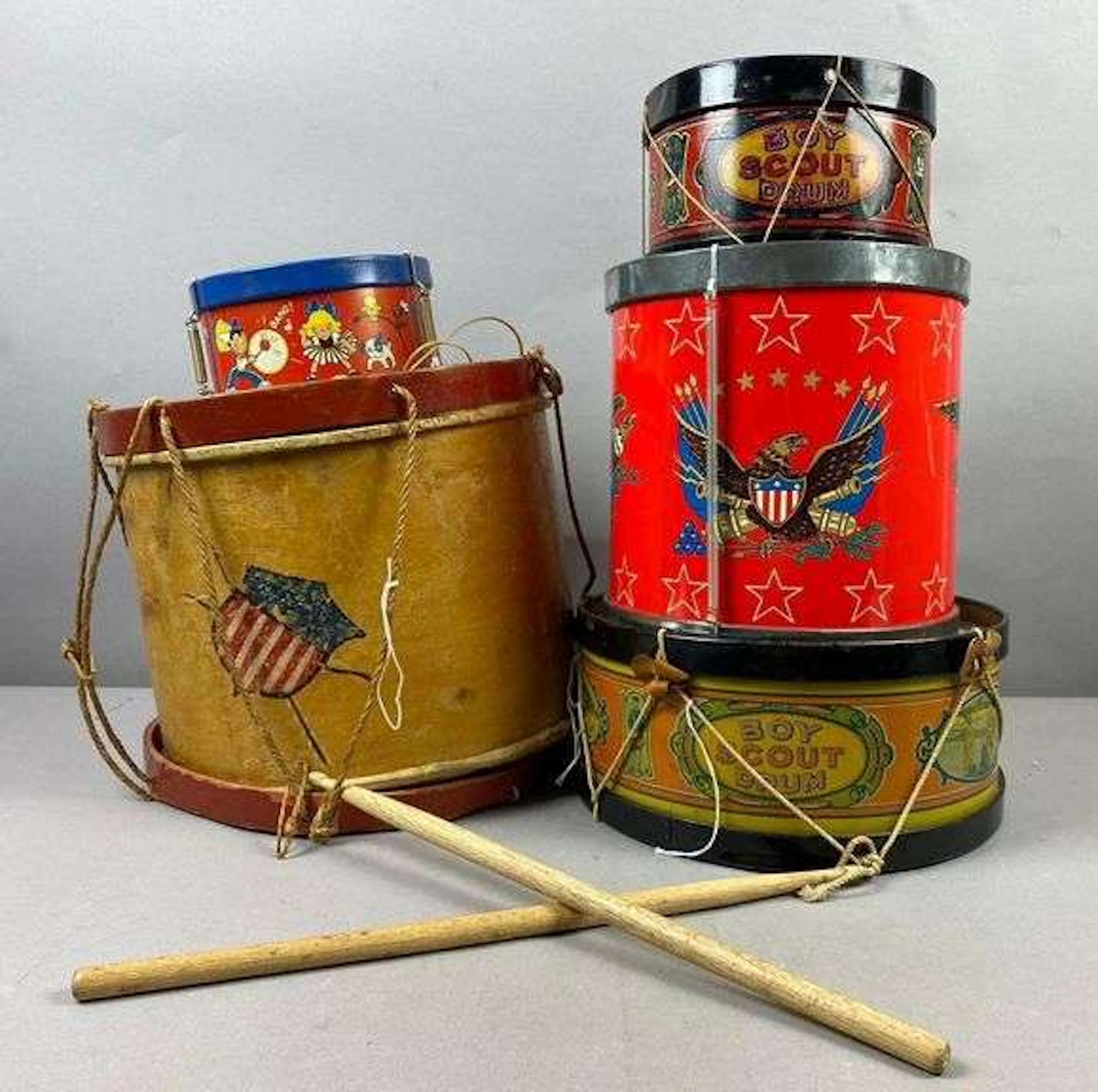 Group of 5 Vintage Boy Scout Themed Drums