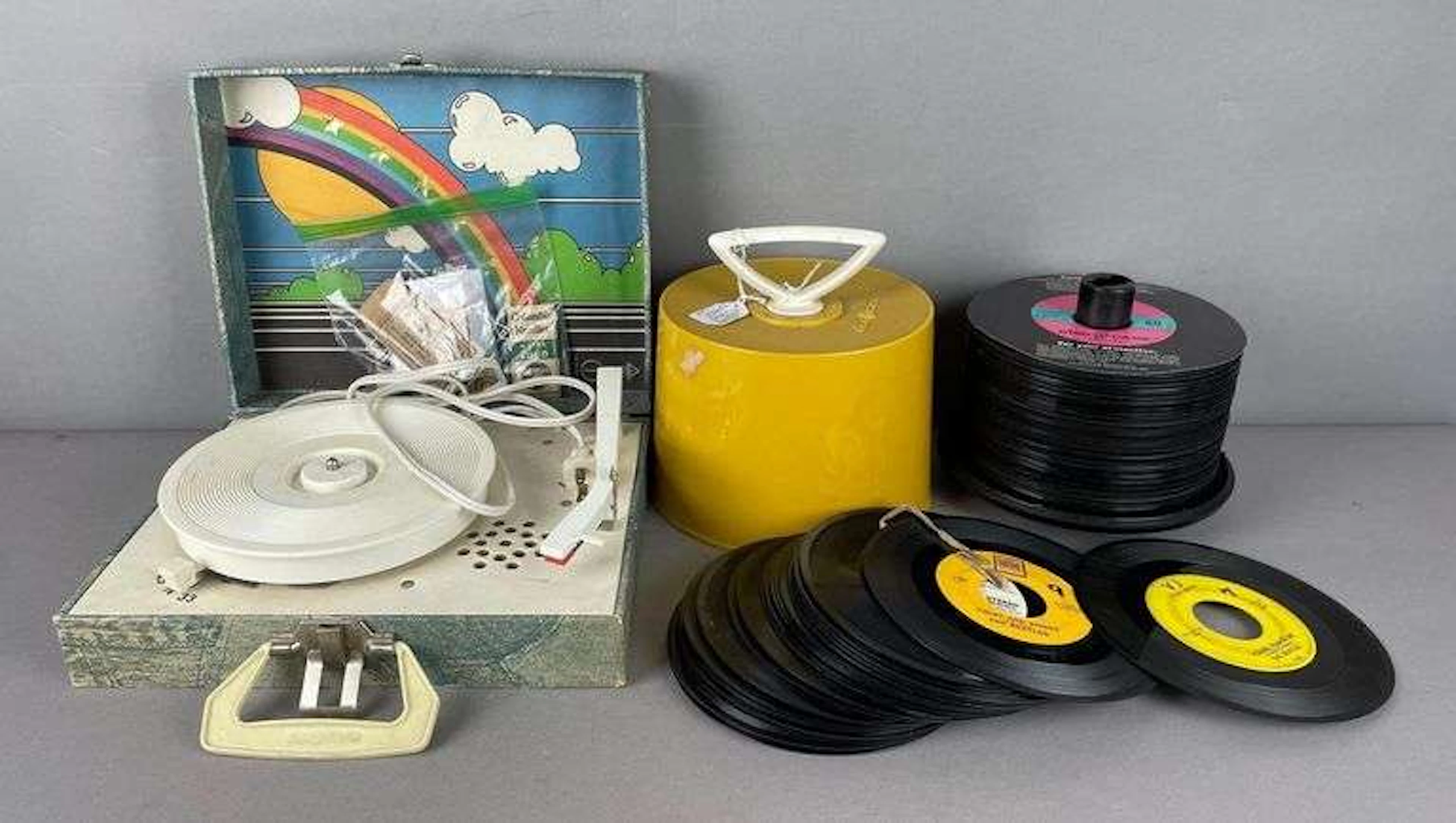 Group of Vintage 45 RPM Records and Kids Player