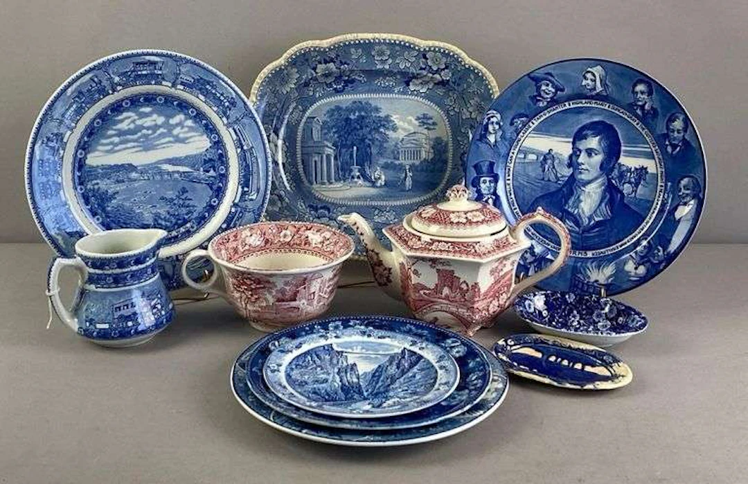 Group of Vintage Blue/Red Transferware Plate and More