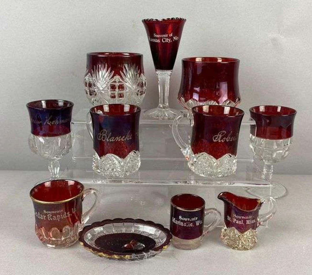 Group of Antique 1900’s Ruby Flashed Souviner Mugs and More