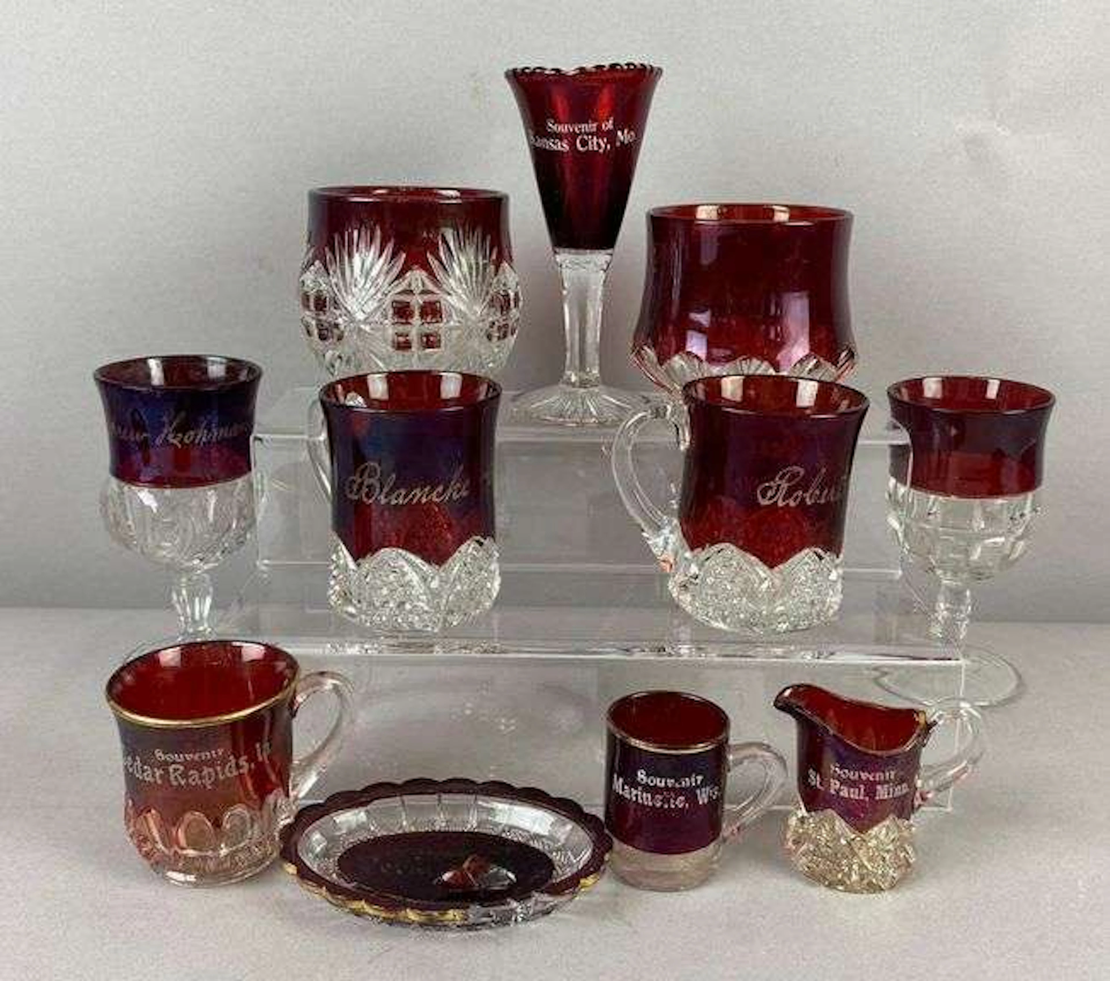 Group of Antique 1900’s Ruby Flashed Souviner Mugs and More