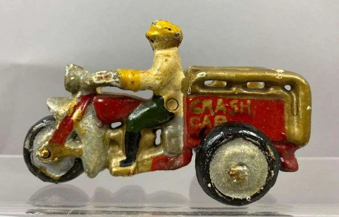 Antique 1930’s Hubley Cast Iron Crash Car Motorcycle