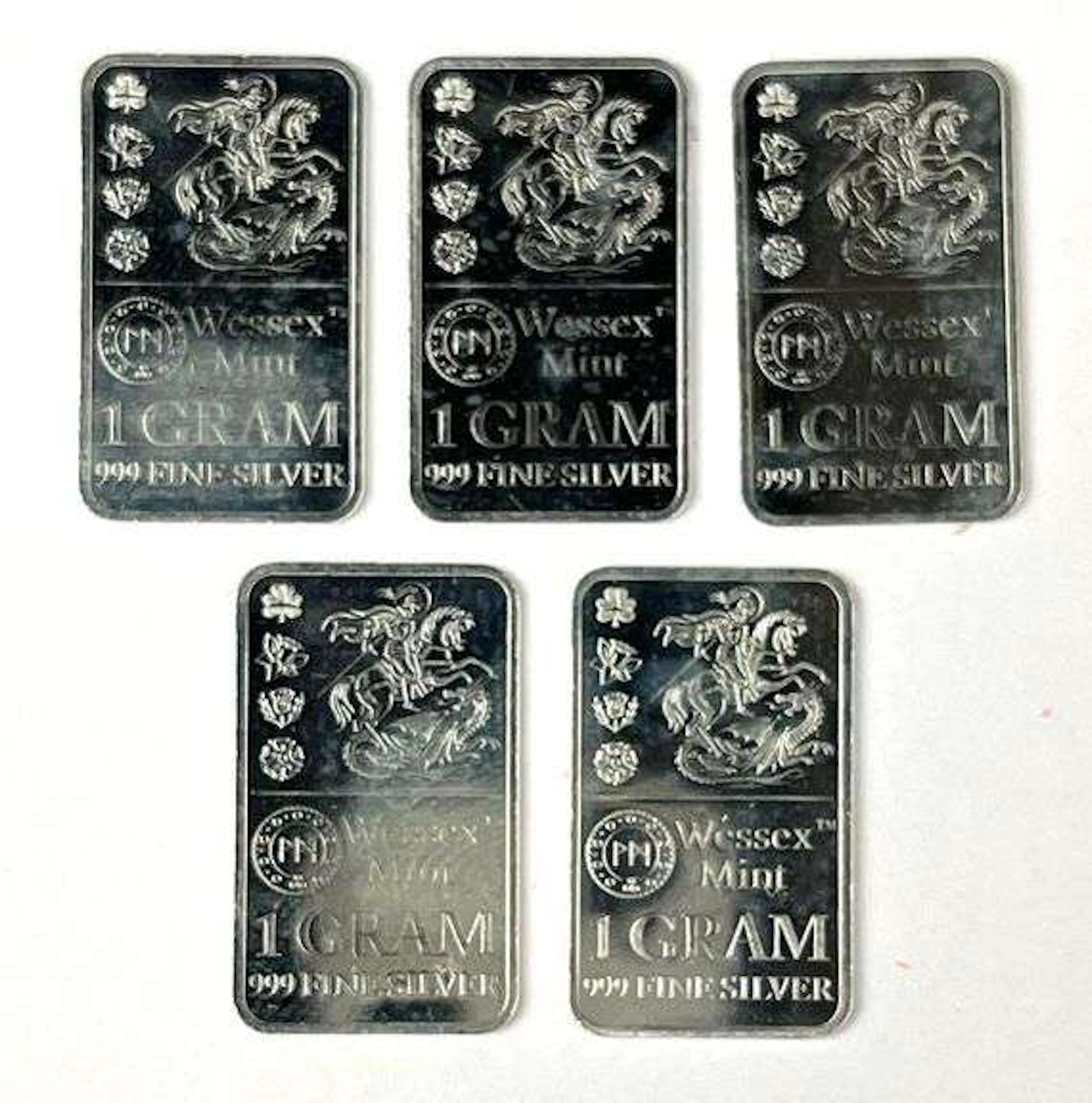 Group of 5 Wessex Mint St George Dragon Slayer 1 Gram 999 Fine Silver