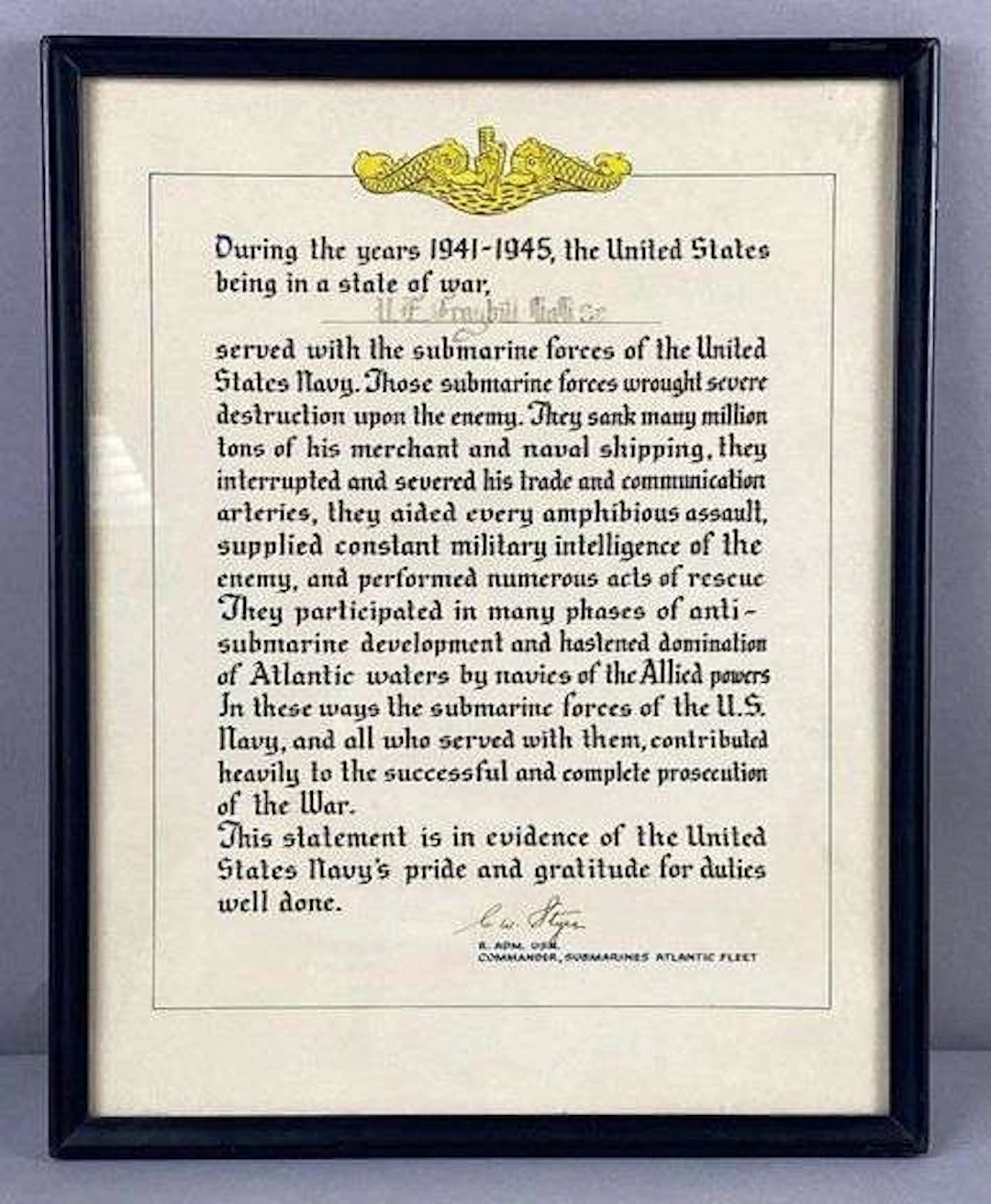 WW2 1941-1945 USN Submarine Award