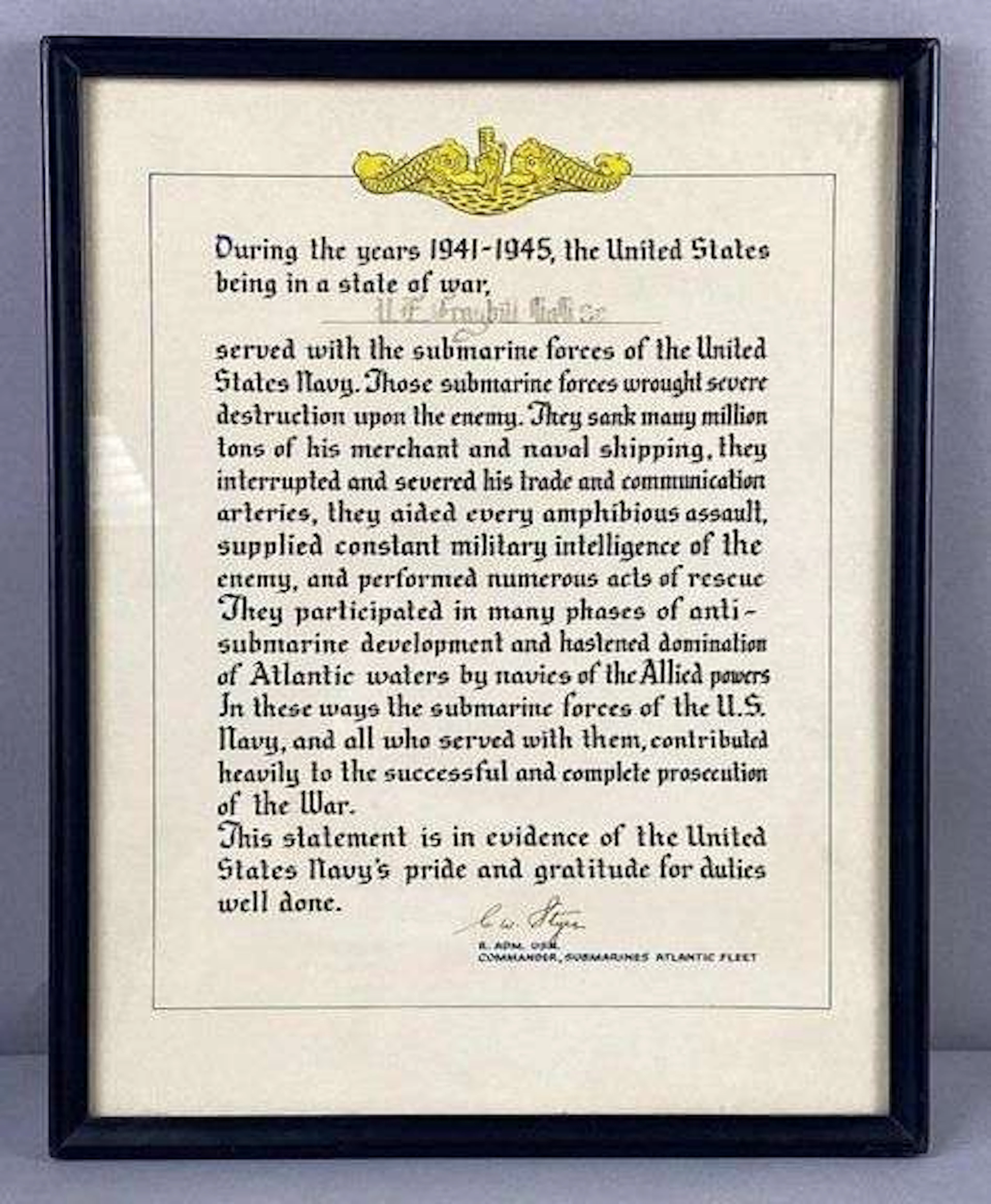 WW2 1941-1945 USN Submarine Award