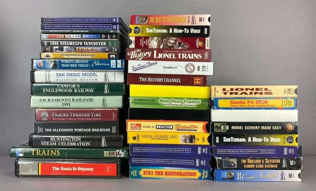 Group of Train Themed VHS and DVDs
