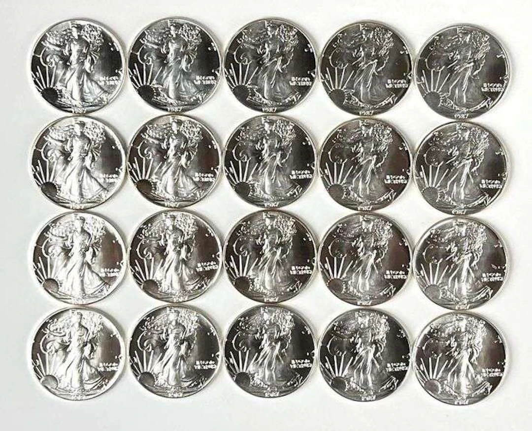 Group of 20 1987 US $1 American Silver Eagle 1 oz Fine Silver Coins in a Roll