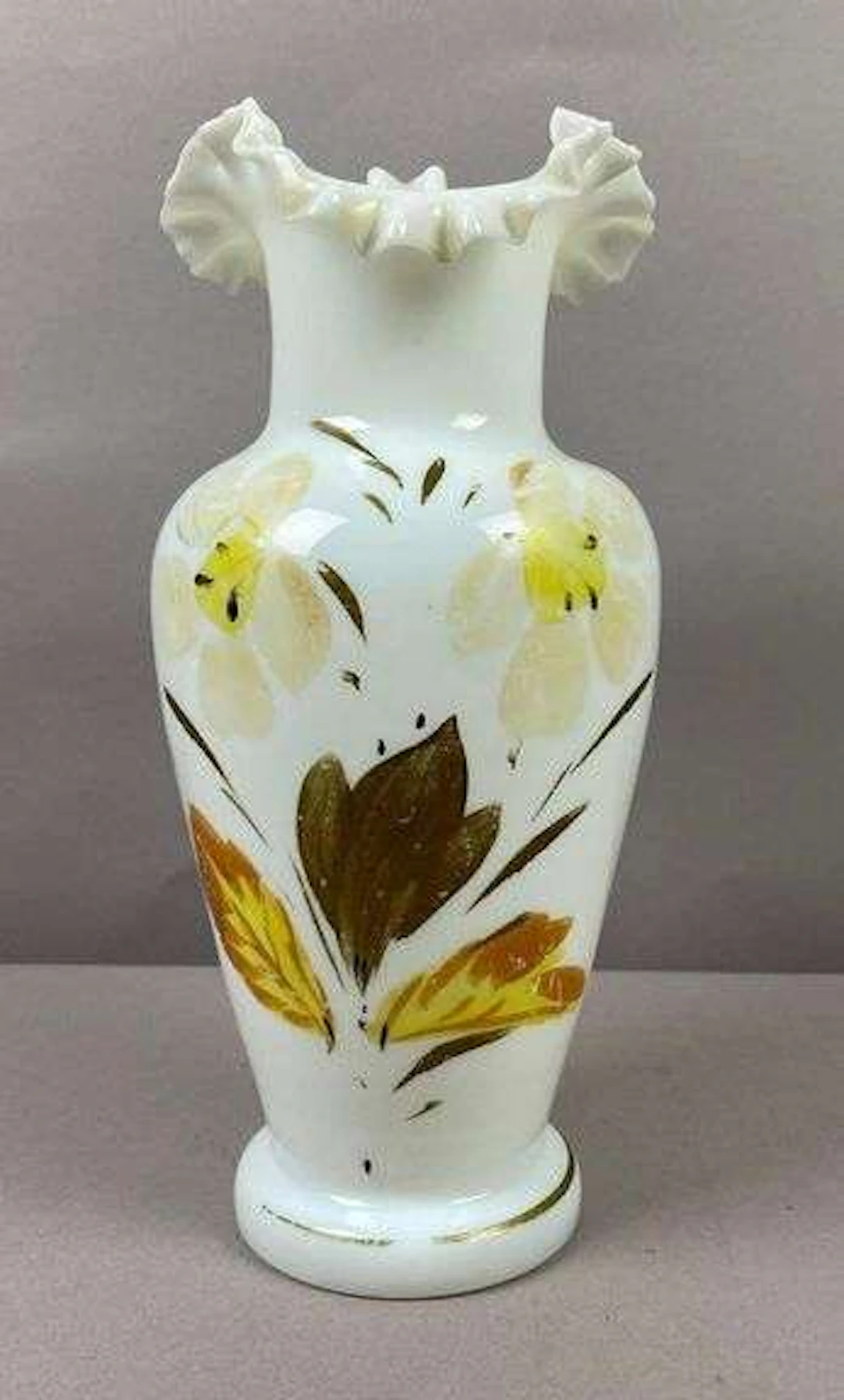 Antique White Hand-Painted Floral Art Glass Vase