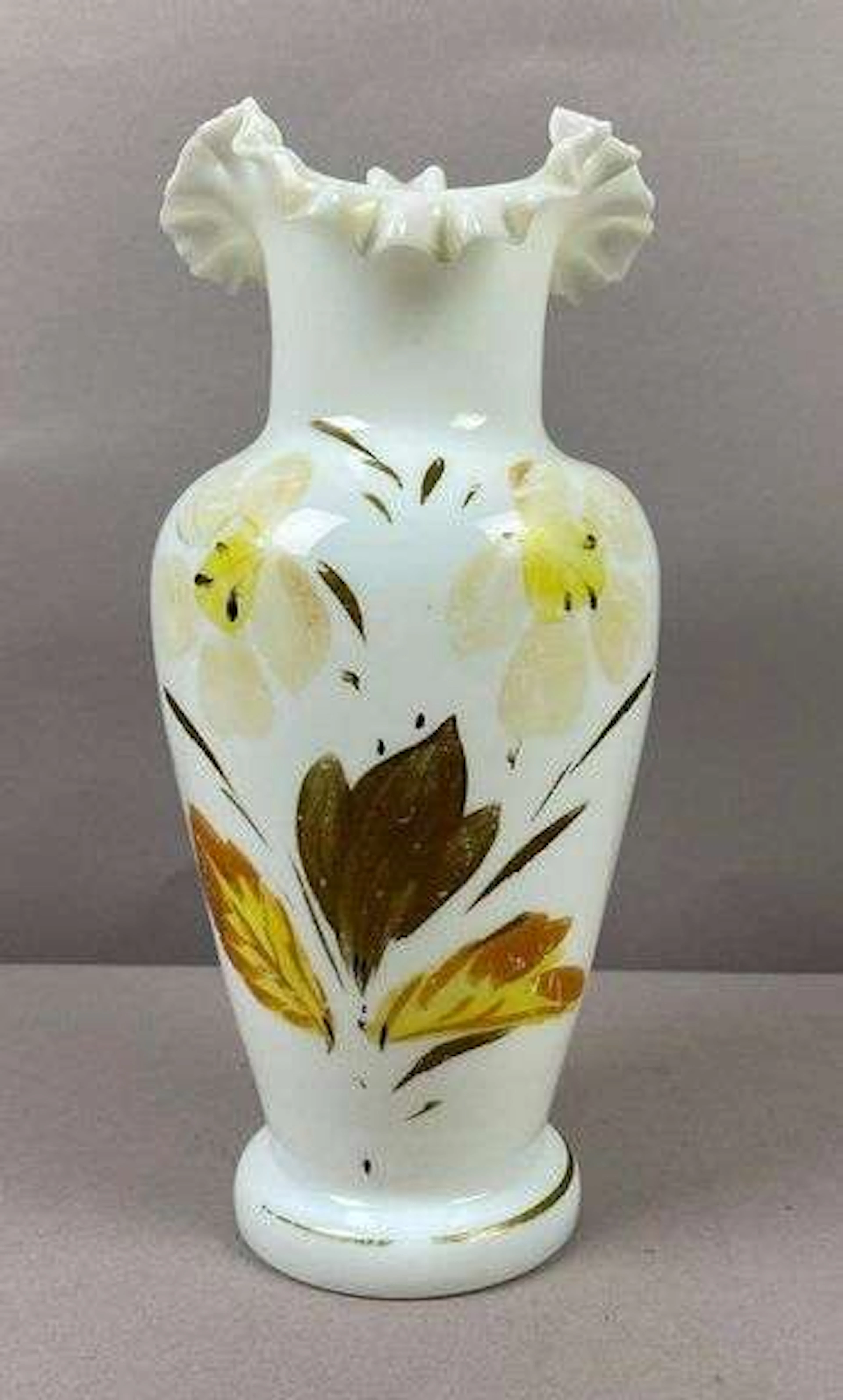 Antique White Hand-Painted Floral Art Glass Vase