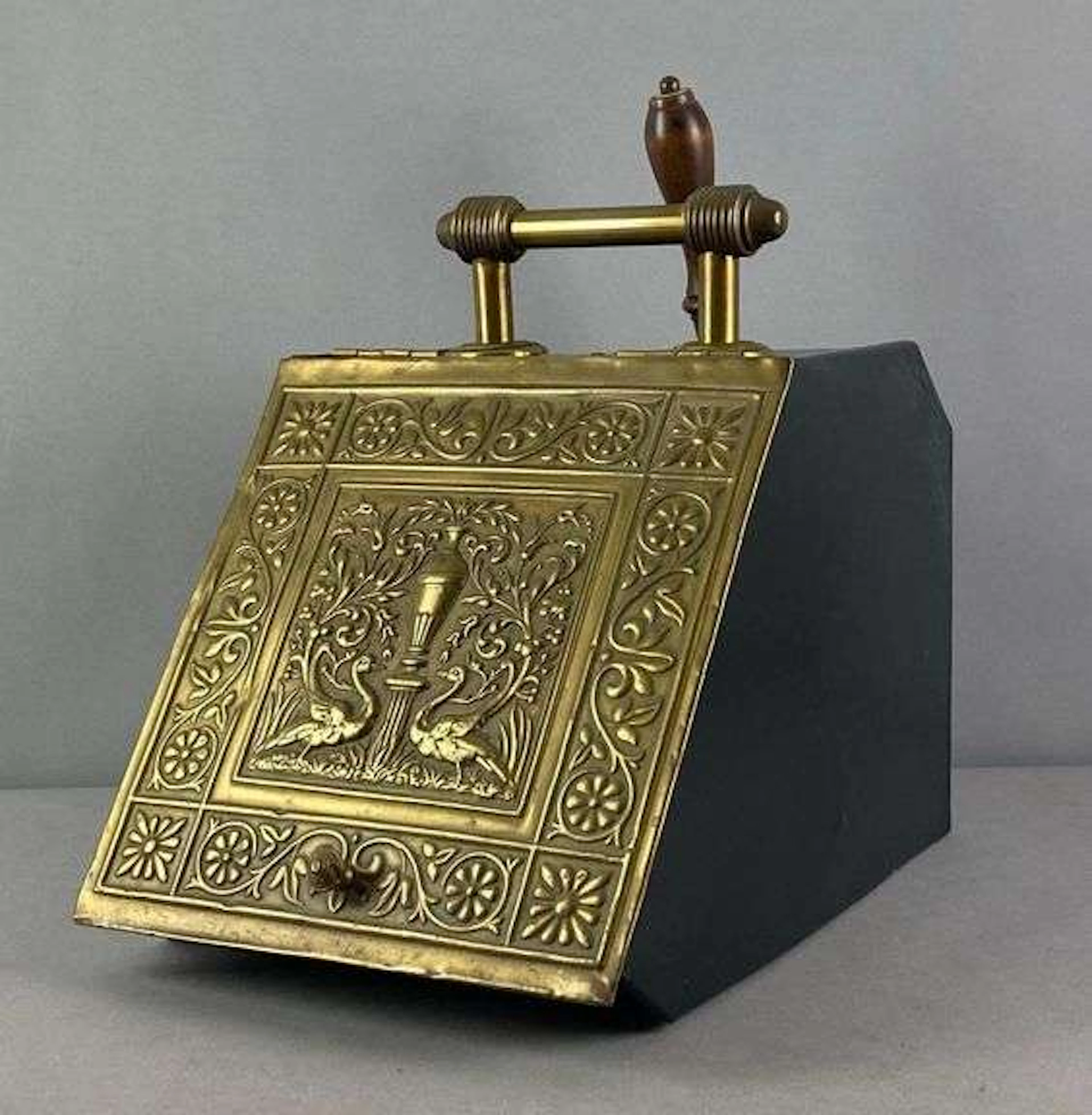 Antique Embossed Brass Accent Coal Shuttle