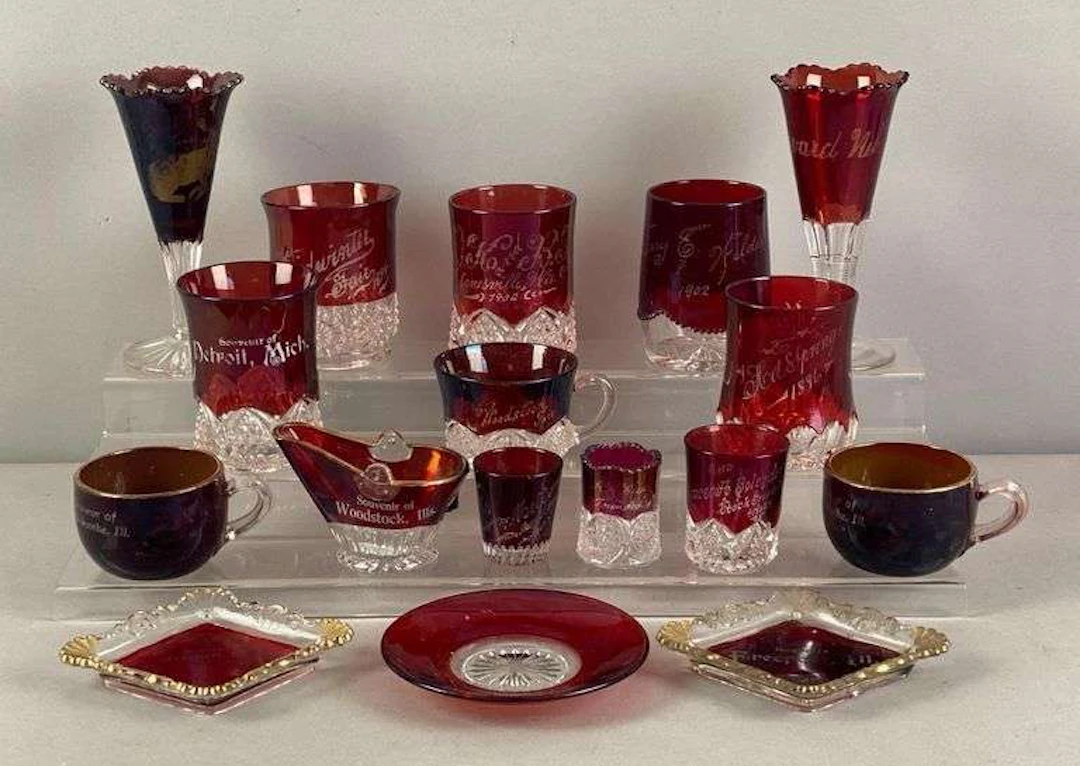Group of Antique Souvenir Ruby Flash Glassware