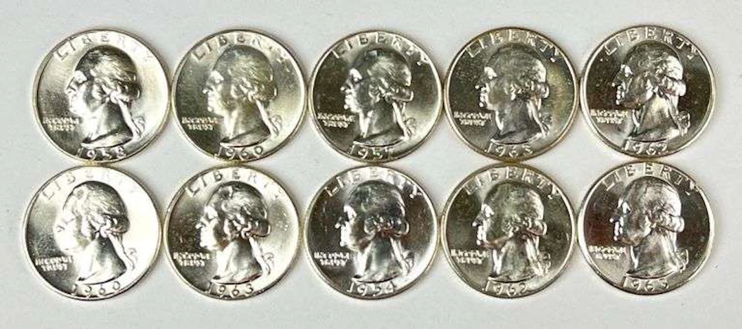 Group of 10 US Washington 90% Silver Quarters