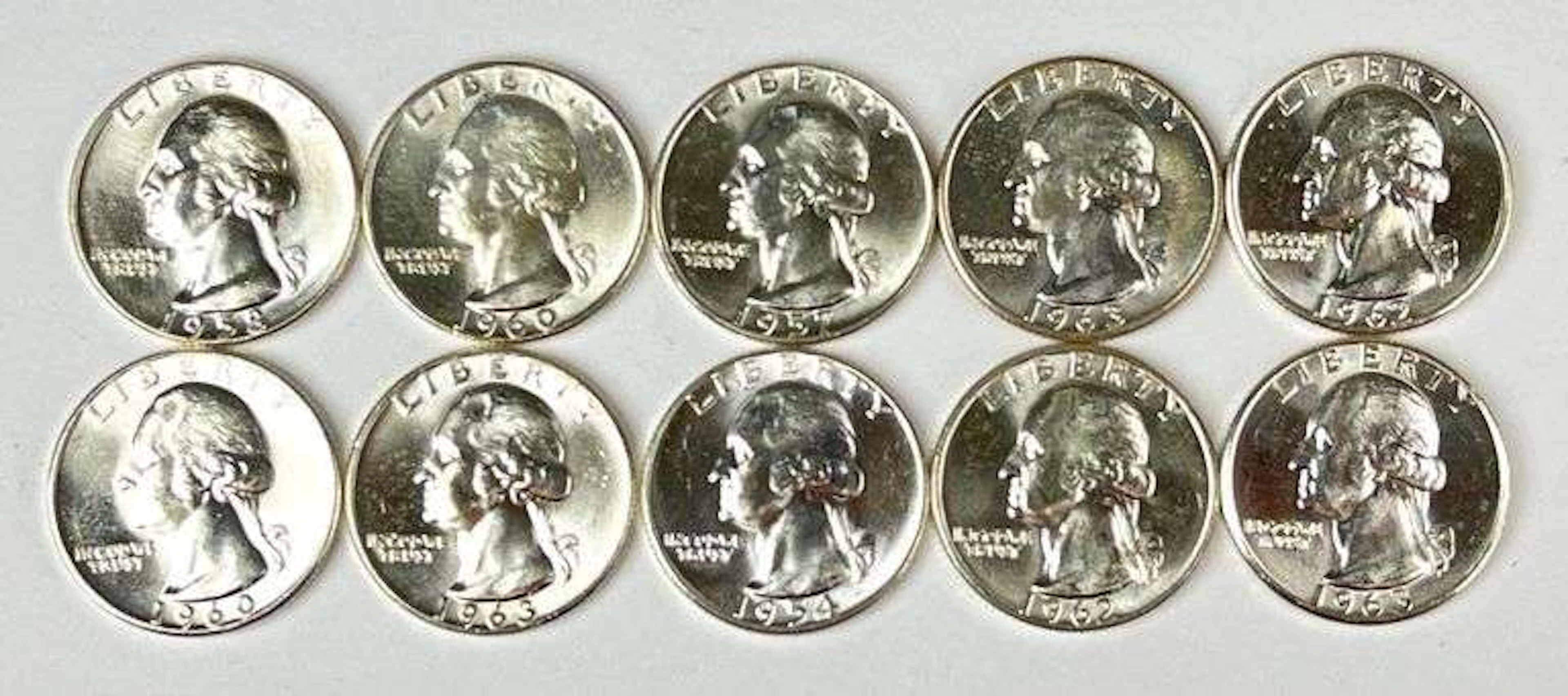 Group of 10 US Washington 90% Silver Quarters