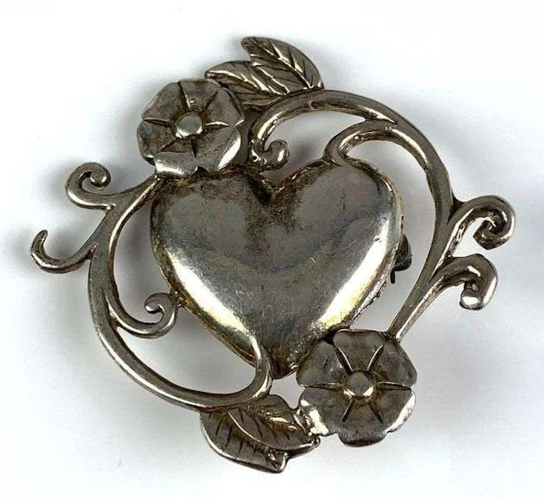 Sterling Silver Floral Heart Brooch