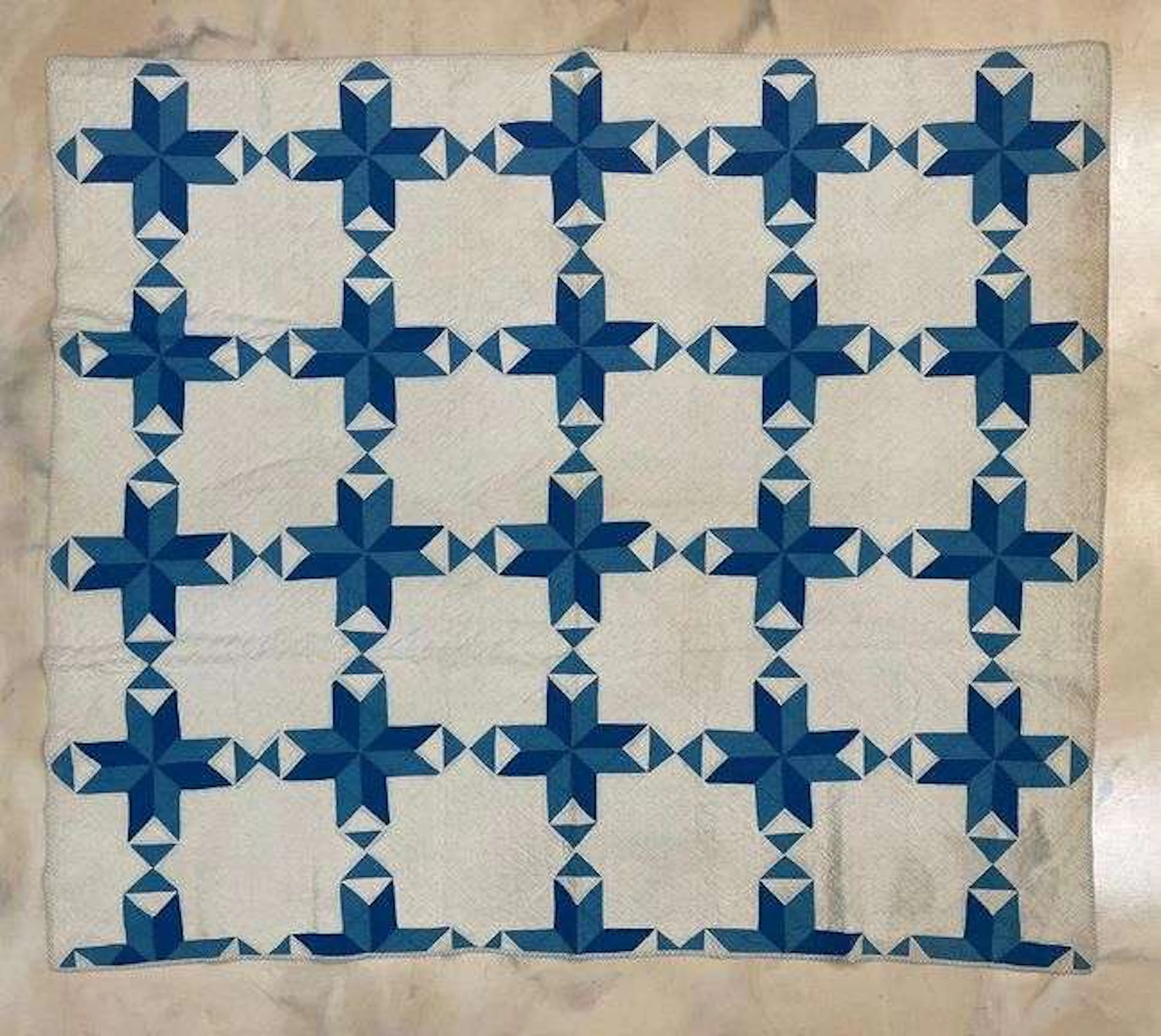 Antique Hand-Stitched Blue 8 Point Star Quilt