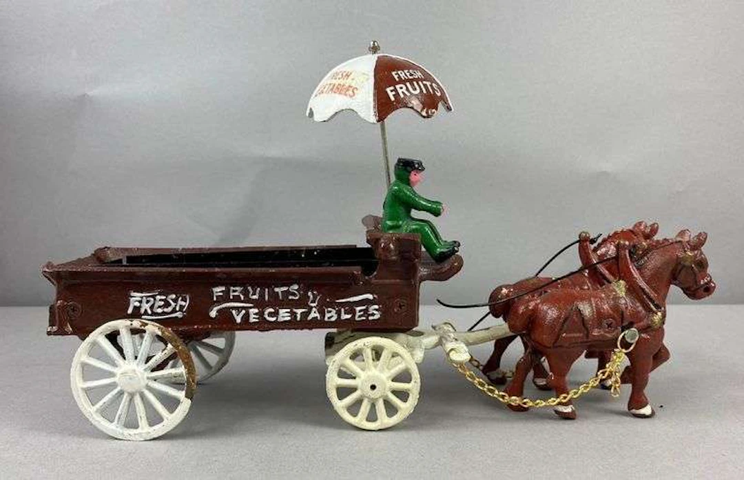 Reproduction Cast Iron Horse Drawn Fresh Fruits and Vegetables Wagon