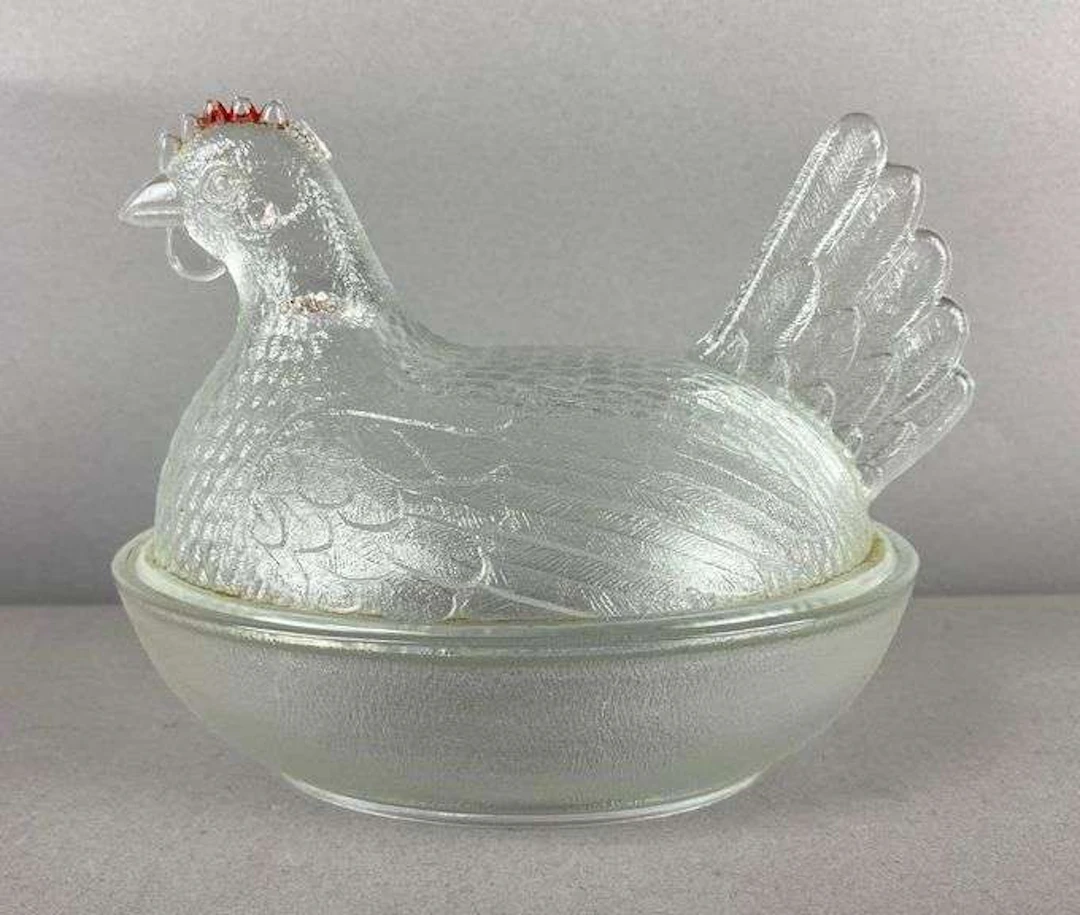 Antique 1930’s Indiana Glass Company Clear Glass Hen on Nest Candy Dish