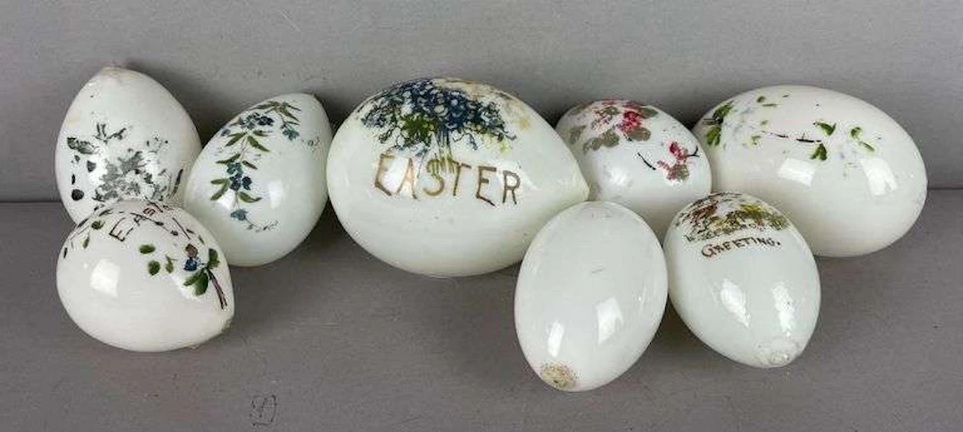 Group of Vintage Hand Painted Milk Glass Easter Eggs