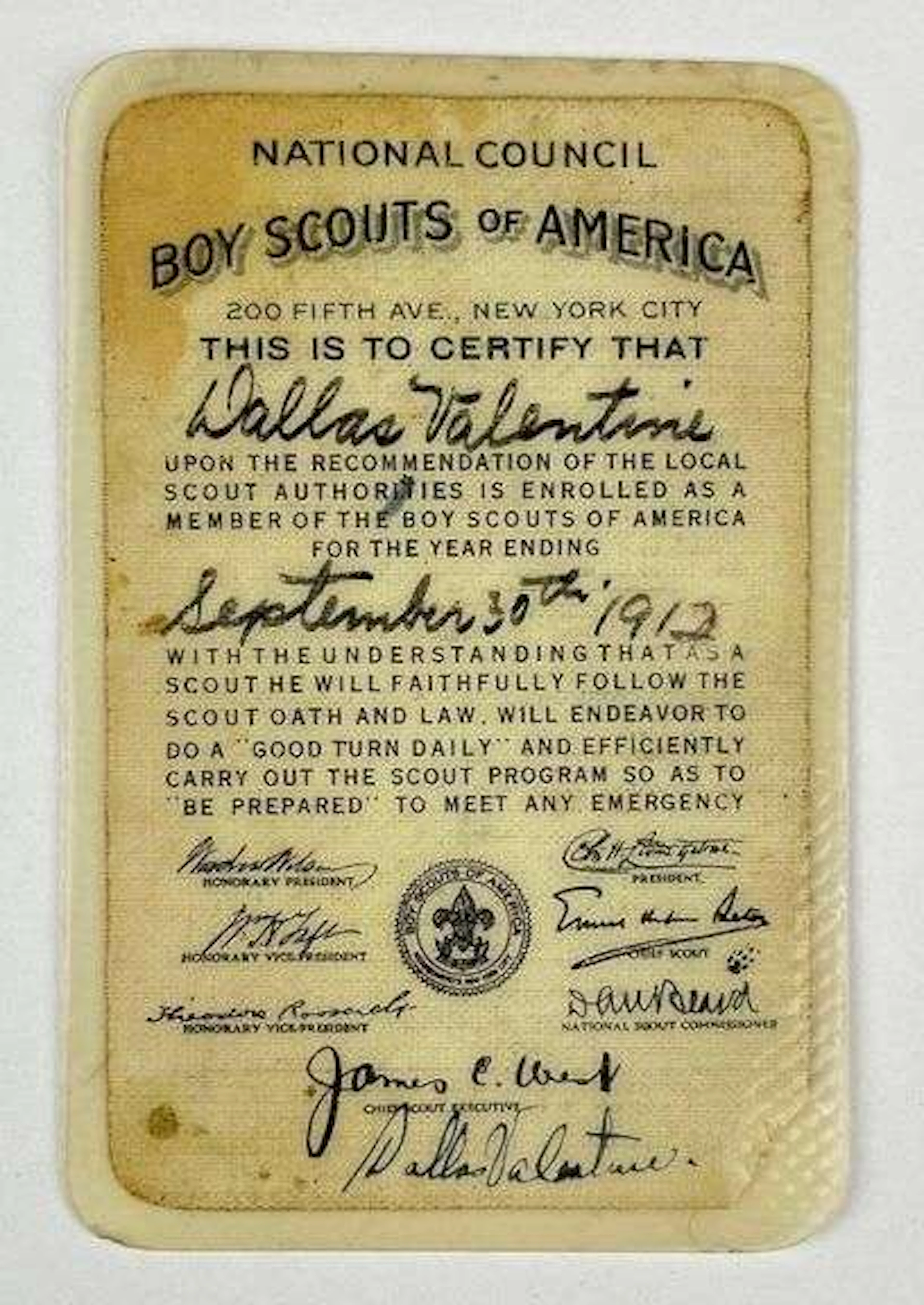 1912 Antique Boy Scouts of America National Council Membership Certificate