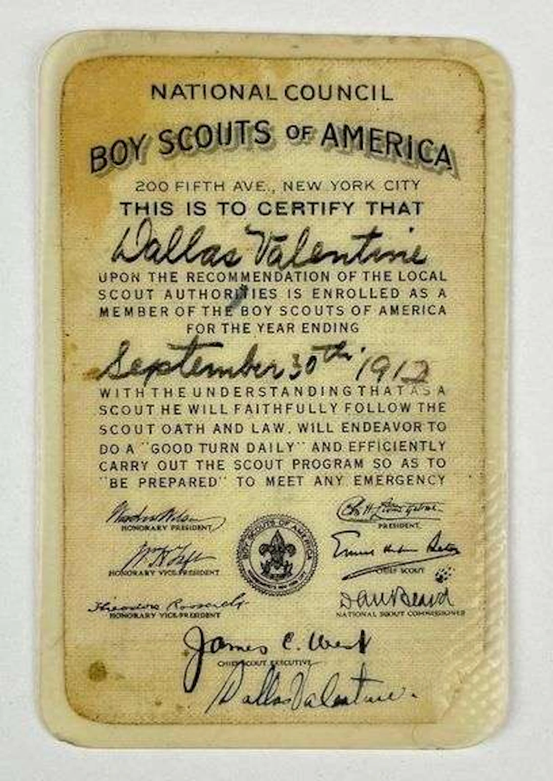 1912 Antique Boy Scouts of America National Council Membership Certificate