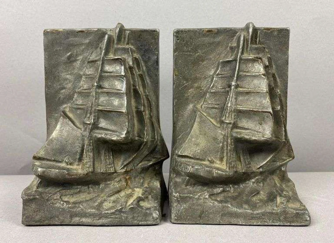 Antique 1920’s Hubley Cast-Metal Sailboat Bookends