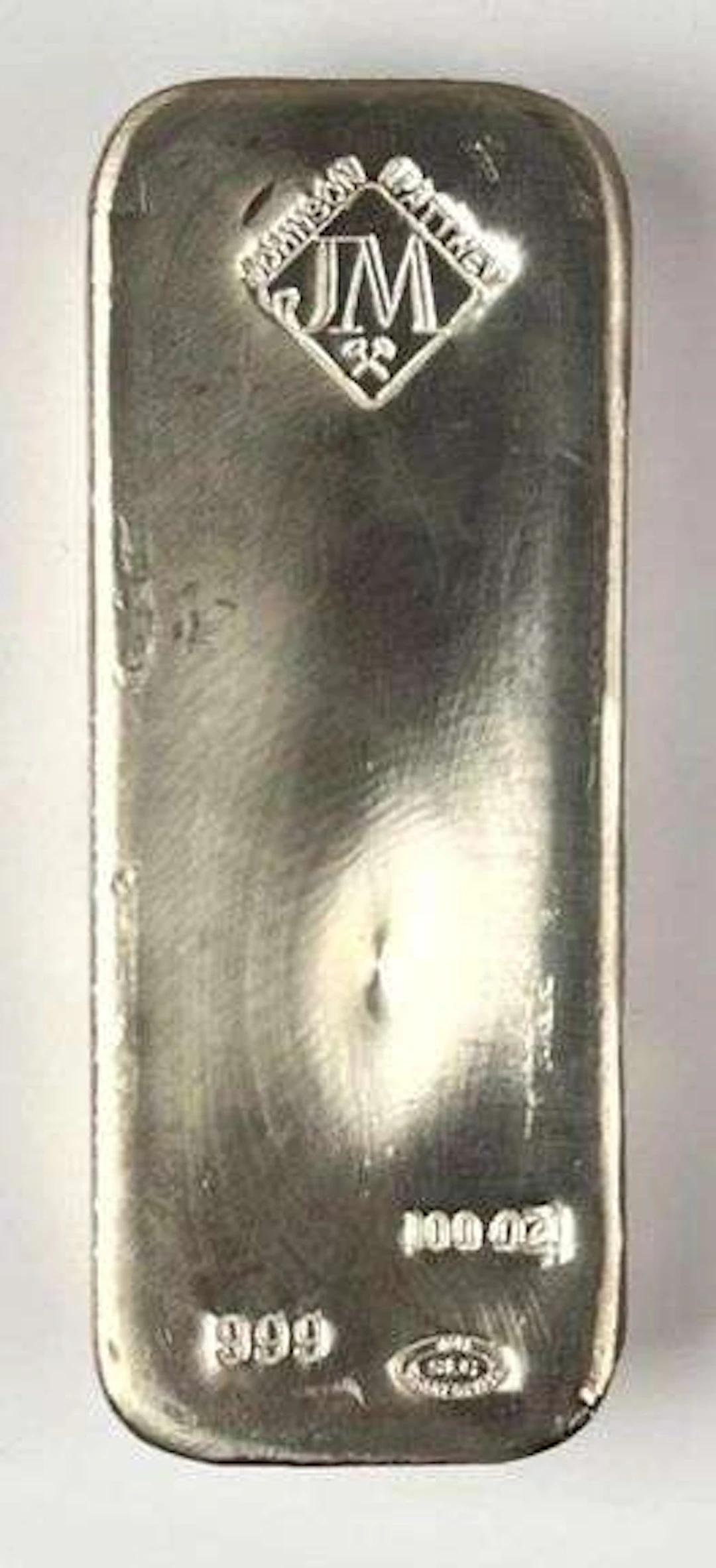 Johnson Matthey Hand Poured 100 oz 999 Silver Ingot/ Bar