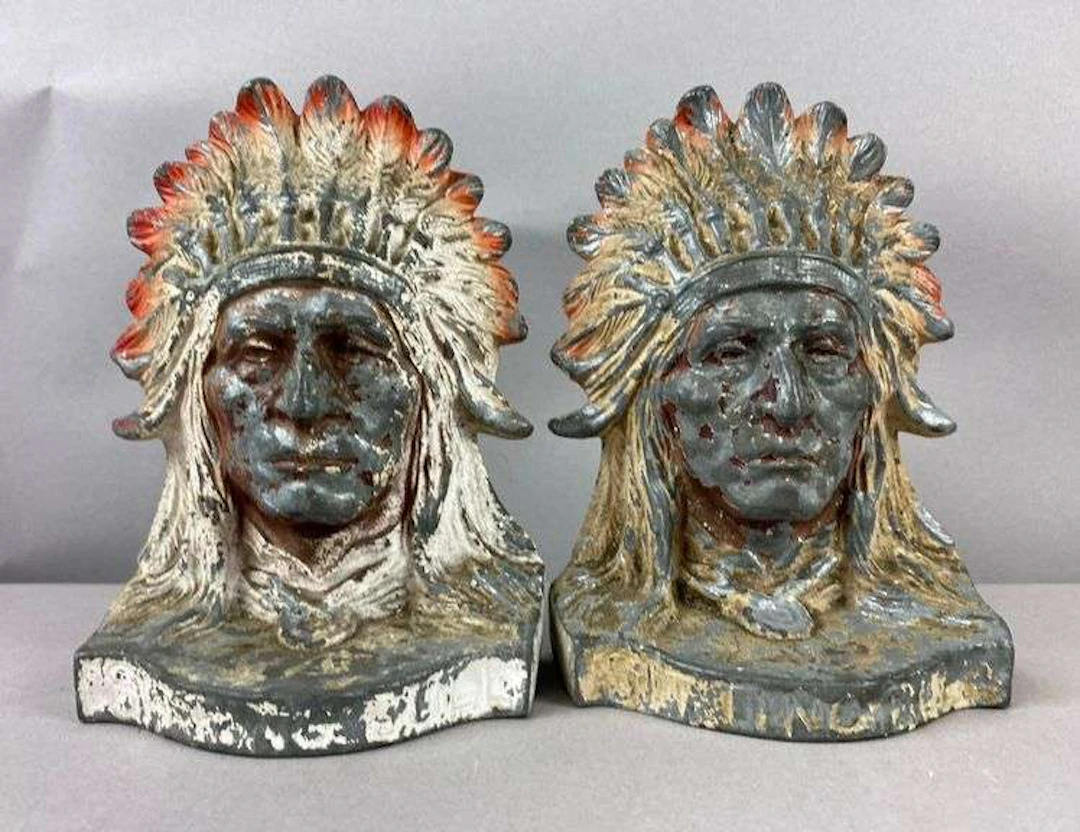 Vintage Cast Alluminum Native American Chief Bookends