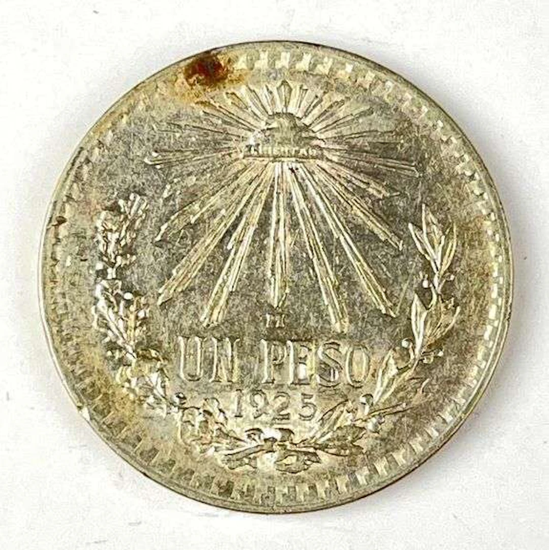 1925 Mexico 1 Peso Liberty Cap and Rays .720 Silver Coin