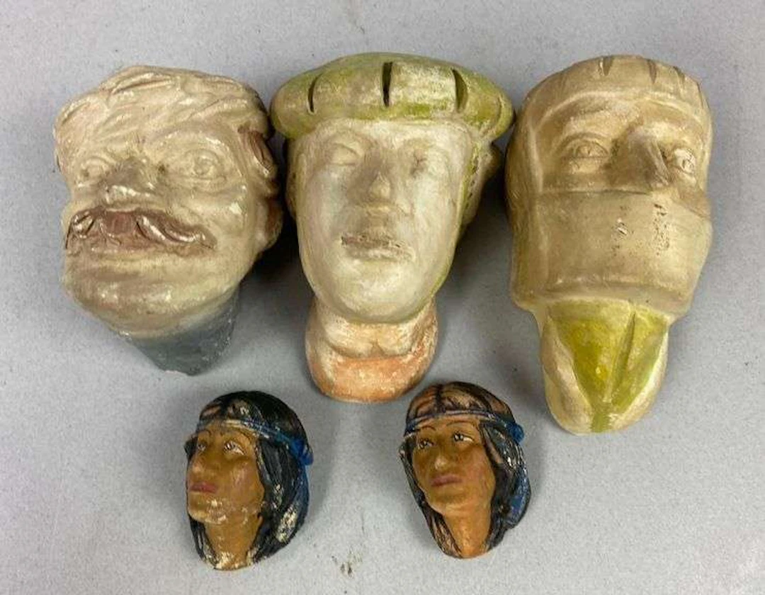Vintage Polish Krakow Painted Terracotta Folk Art Figure Heads