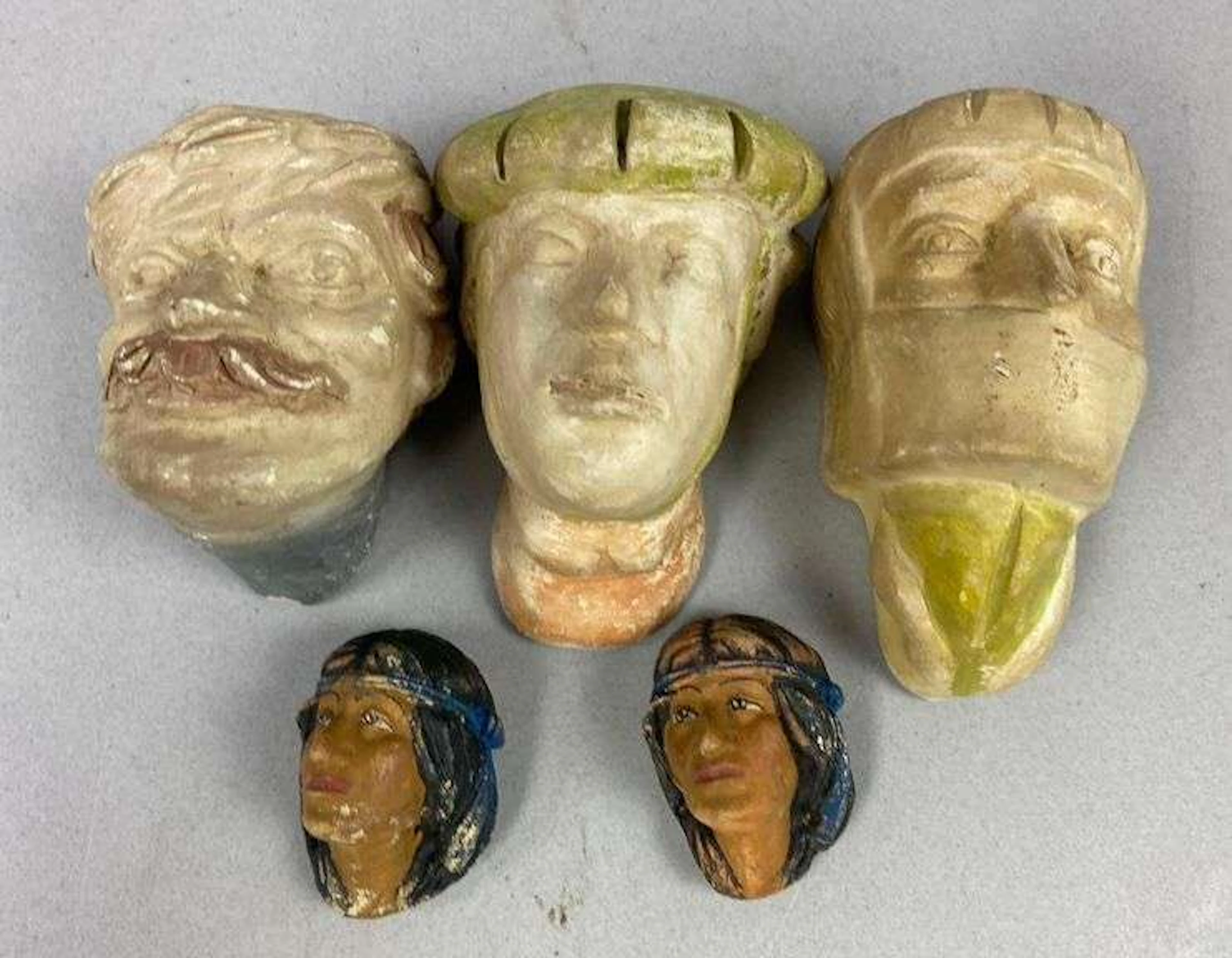 Vintage Polish Krakow Painted Terracotta Folk Art Figure Heads