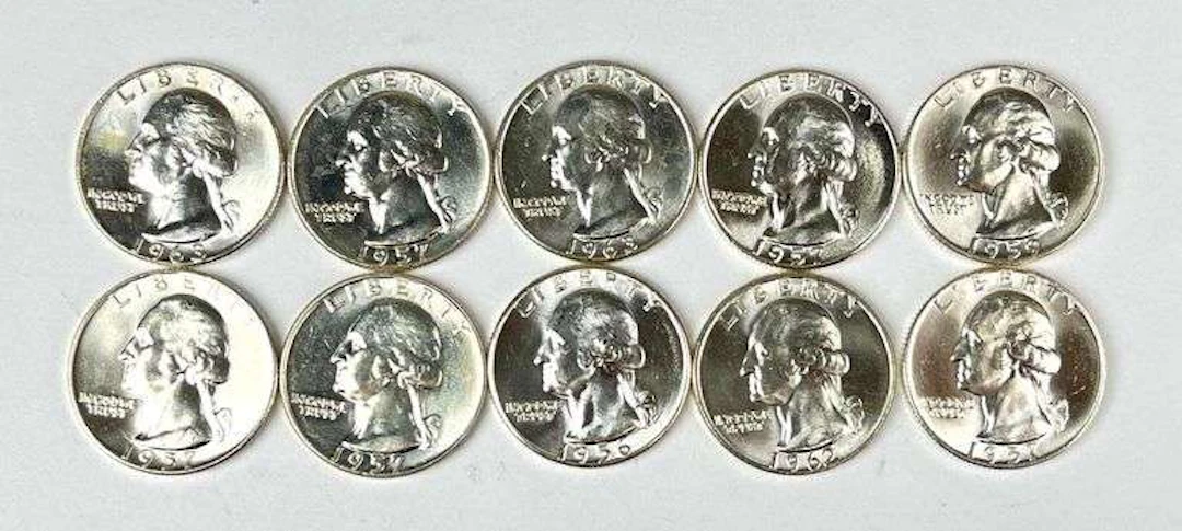 Group of 10 US Washington 90% Silver Quarters