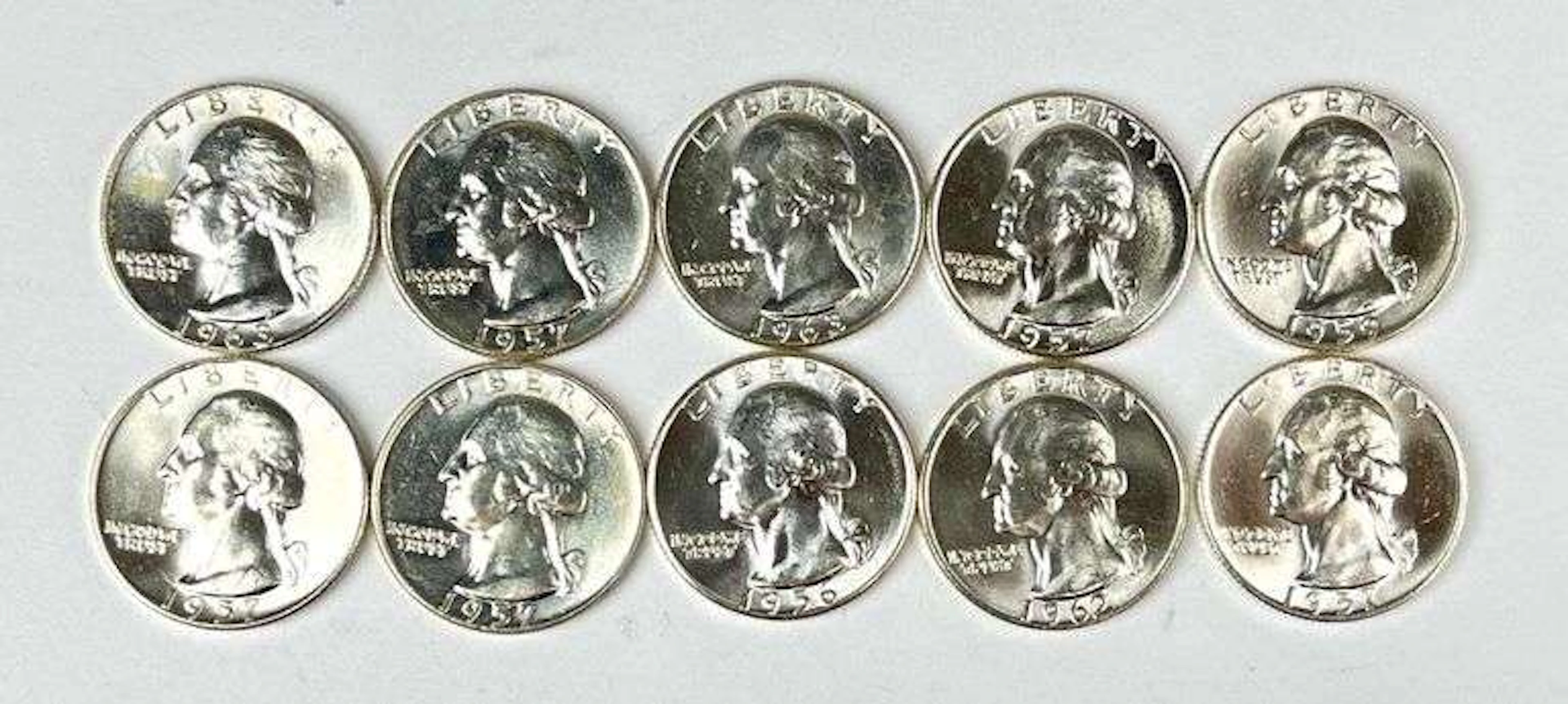 Group of 10 US Washington 90% Silver Quarters
