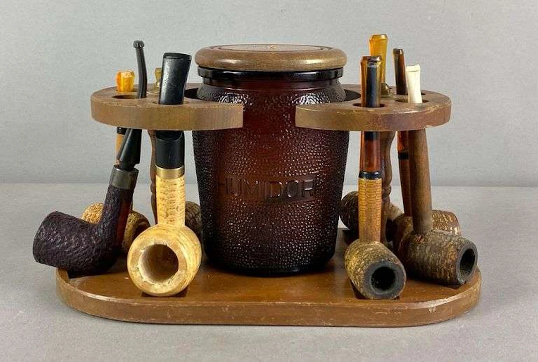 Vintage Humidor/Pipe Stand with Corn Cob Pipes