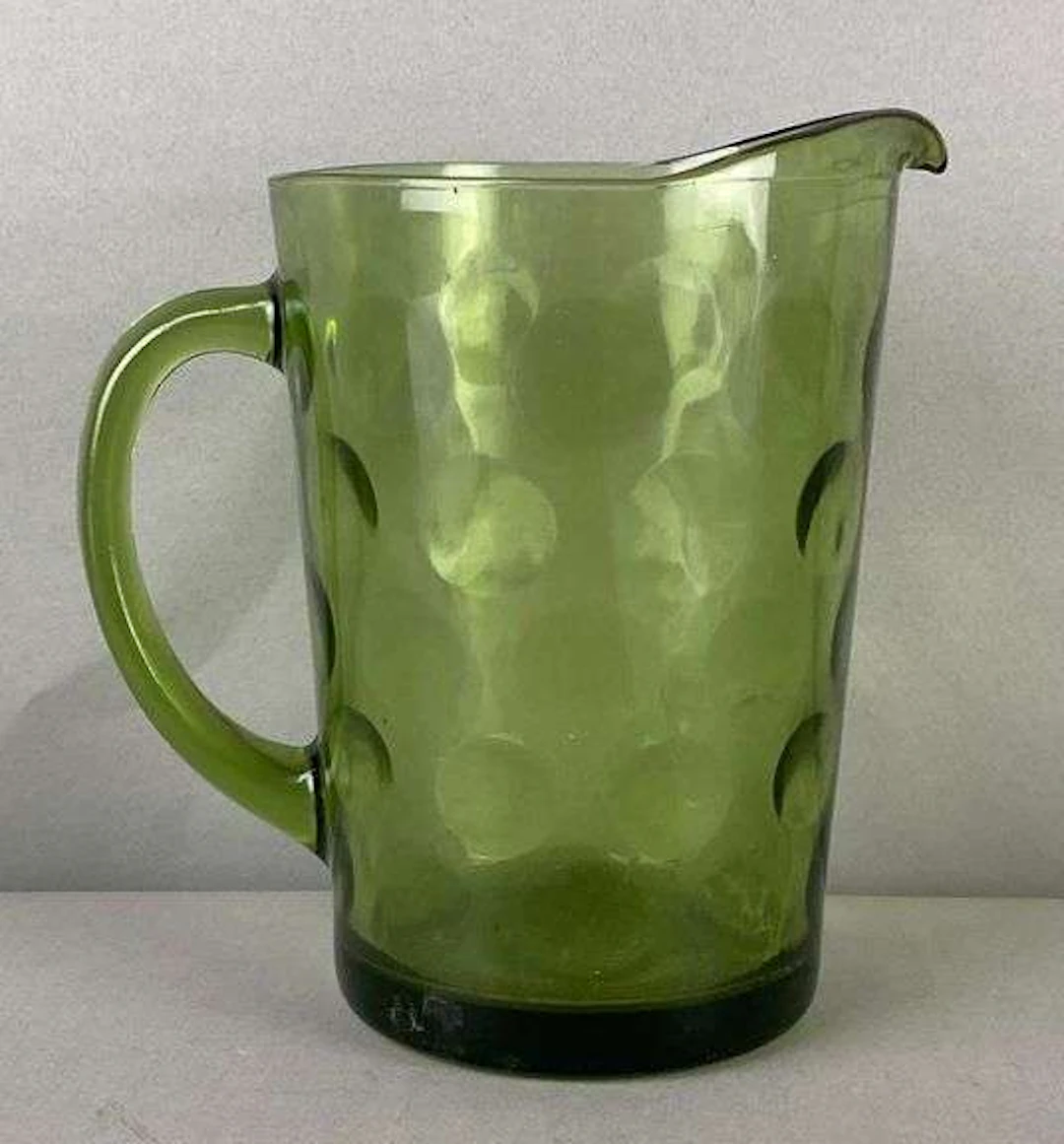 Vintage Emerald Glass Green Reverse Coin Dot Pitcher
