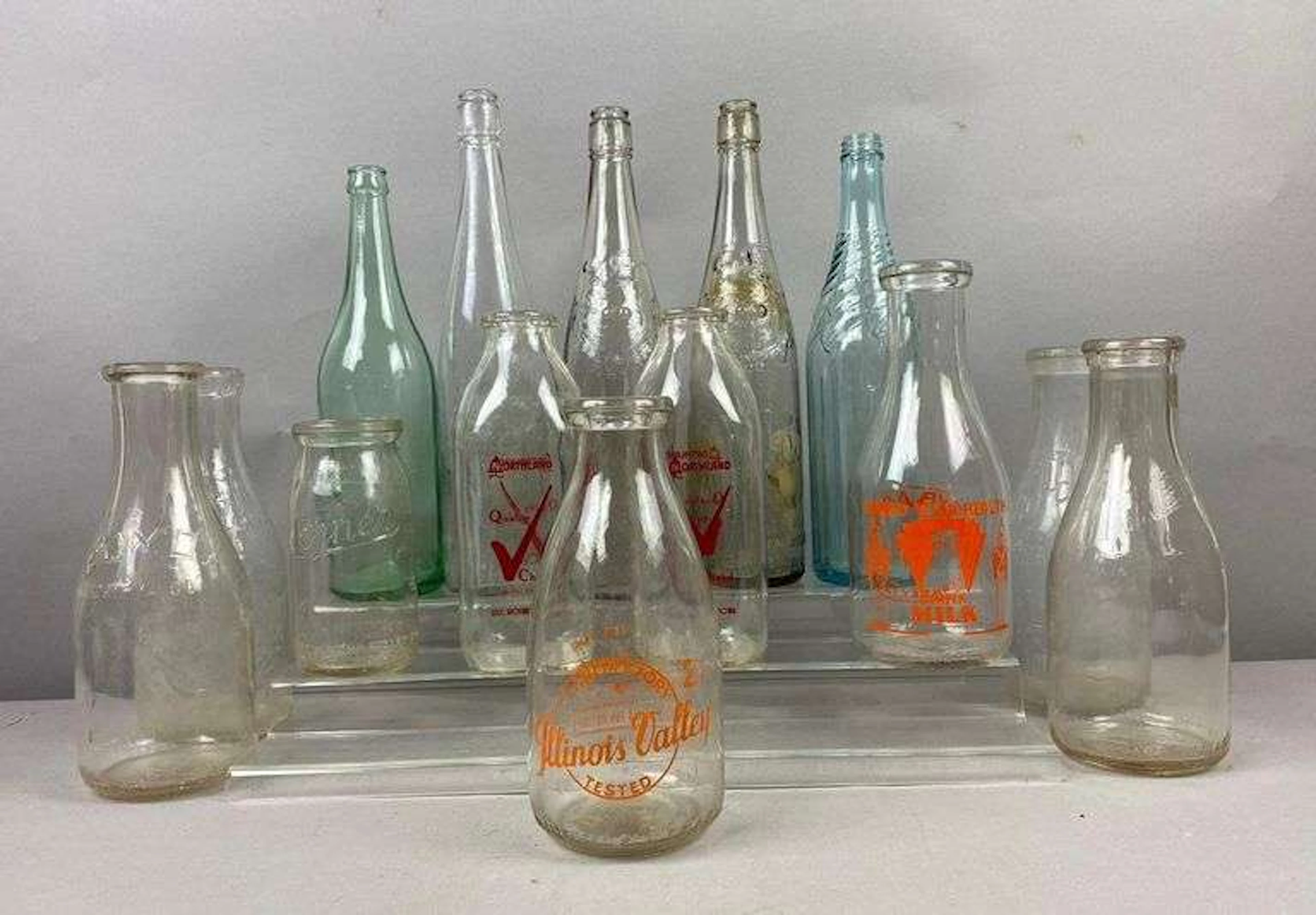Group of Assorted Vintage Illinois Glass Milk Bottles and More