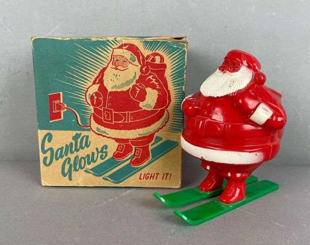 Vintage Miller Electric Plastic Glowing Santa on Skis