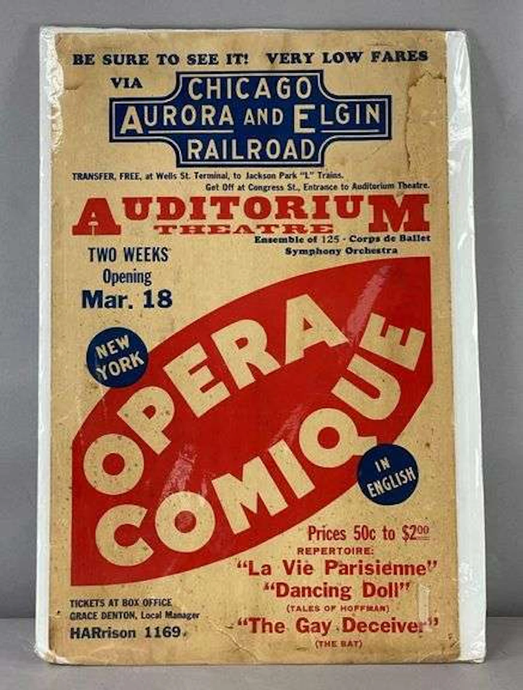 1935 Chicago Aurora and Elgin Railroad Opera Comique Promotional Poster